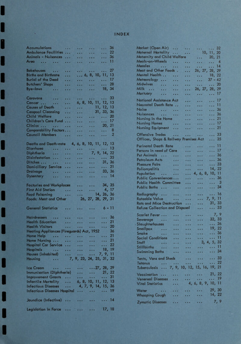 INDEX Accumulations • • • • • 36 Ambulance Facilities • • • • • • 22 Animals - Nuisances • • • • « • 36 Area ... 11 Bakehouses 27 Births and Birthrate ... ^ .. 6^ 8,’ 10,’ll. 13 Burial of the Dead • • • * • • 17 Butchers' Shops • « • • • 28 Bye-laws 18, 34 Caravans 33 Cancer 6, 8, 10,’ ii,’i‘i 13 Causes of Death 11, 12, 13 Cesspool Cleansing 31, 33, 36 Child Welfare • • • 20 Children's Care Fund • • • 17 Clinics 20, 21 Comparability Factors • . 8 Council Members ... 2 Deaths and Death-rate 4, 6, 8, 10, 11, 12, 13 Diarrhoea • • • . • • 13 Diphtheria 7< 9, 14, 22 Disinfestation • • • • • 35 Ditches • . • 31, 36 Domiciliary Service • • • ... 21 Drainage • . .* 33, 36 Dysentery 14 Factories and Workplaces • • • 34, 35 First Aid Station • . • 4, 17 Food Poisoning 14, 26, 36 Foods: Meat and Other 26, 27, 28, 29, 31 General Statistics 6 - 11 Hairdressers • • • . • . 36 Health Education • • • • « • 21 Health Visitors • * • • . • 20 Heating Appliances (Fireguards) Act, 1952 36 Home Help • • . • . . 21 Home Nursing • « • • « • 21 Hospital Car Service . • . • • . 22 Hospitals « . • 18, 19 Houses (inhabited) • . . 7, 9, 11 Housing ... 7, 9, 23, 24, 25, 31, 32 Ice Cream ... 27, 28, 29 Immunisation (Diphtheria) ... ... 21, 22 Improvement Grants ... ... 31 Infantile Mortality ... 6, 8, 10, 11, 12, 13 Infectious Diseases ... 4, 7 9, 14, 15, 36 Infectious Diseases Hospital ... 19 Jaundice (Infective) 14 Legislation in Force • . • 17, 18 Market (Open Air) ... 32 A/aternal Mortality ... 10, 11, 20 Maternity and Child Welfare 20, 21 Meals-on-Wheels 4 Measles 14 Meat and Other Foods . . 26, 27, 28, 29 Mental Health 18, 22 Meteorology ... 37-42 Midwives 20 Milk . 26, 27, 28, 29 Mortuary 17 National Assistance Act 17 Neonatal Death Rate .. 11 Noise 36 Nuisances 36 Nursing in the Home 21 Nursing Homes ... 17 Nursing Equipment ... 21 Offensive Trades ... 33 Offices, Shops & Railway Premises Act ... 35 Perinatal Death Rate 11 Persons in need of Care 17 Pet Animals 36 Petroleum Acts ... 36 Pleasure Fairs ... 33 Poliomyelitis ... . ... 14, 22 Population o 00 Public Conveniences... 36 Public Health Committee 3 Public Baths 34 Radiography 16 Rateable Value ... . ... 7, 9, 11 Rats and Mice Destruction . . ... 31, 33 Refuse Collection and Disposal 33 Scarlet Fever . ... 7,9 Sewerage . ... 32, 33 Slaughterhouses ... 26 Smallpox . ... 19, 22 Smoke 36 Social Conditions ... 11 Staff 3, 4, 5, 32 Stillbirths 11 Swimming Baths ... 34 Tents, Vans and Sheds 33 Tetanus 22 Tuberculosis ... 7, 9, 10, 12, 15, 16, 19, 21 Vaccination . ... 21, 22 Venereal Diseases ... 19 Vital Statistics O' 00 o Water 29, 30 Whooping Cough ... . ... 14, 22 Zymotic Diseases ... . ... 7,9