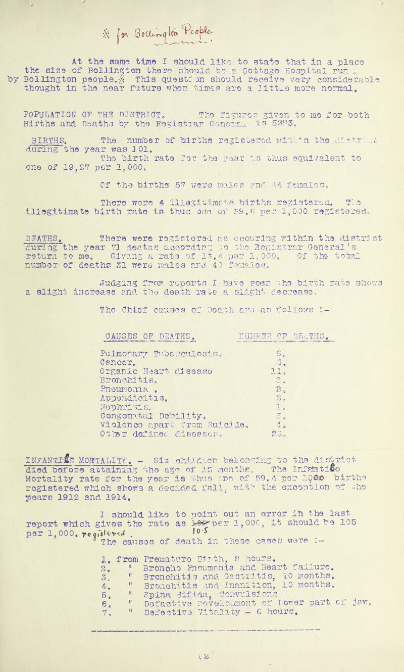 At the same time I should like to stato that In a place the size of BolJjlngton there should he a Cottage Hospital run by Bolllngton people,-^ Thj.s quest;' on should receive vory considerable thought In the near future whon times aro a litt^o more normal. POPULATION OF THE DISTRICT, The figures given to me for both Births and Deaths by the Registrar Oemera.*- 1^5 5?>P3. BIRTHS, The number of births registered vrltlbn the during the year was 101, Th© birth rato for the yoar rs tiros equivalent to one of i9jS7 per l.ooo, Of the births 67 vrere males anC i-4 females. There were 4 iliegitima-e births reglsterocu Tl:.© Illegitimate birth rato is thus one of 59,6 per 1,000 rogistored. DEATHS, Thera were roglstored as occurlng within the district durl'ng'the year 71 deatns according to the Registrar Goneral's return to mo. Giving a rate of 1.5,4 per 1,000, Of the to'trl number of deaths 51 were males and 40 femaloB, Judging from reports I havo seen tho birth rate shows a slight increase and the death raU' a slight decrease. The Chief causes of Death aro an follows :- CAUSES OF DEATHS, ITUMBER 0? DEjIHS Pulmonaigr Ti ibc.rculosl s, S, Cancer. 3, Organic Heart dlseaso II, Bronchitis, 3, PneinioniFi. , S ^ Appendicitis, 3, Nophritis,. 1, Oongonital Debility, 5. ■yi ol on CO apar I’, from Sui cl de „ 4, Of.^BT deflnec.. diBGasos, 33„ INFANTJ-fc MPHTALITf. - Sir olii.:id:'Jcn beion-ging to the district died before attaining the ago of is months,■, The inrF^.tl60 Mortality rate for the year is thus on© of 69,4 por IQto- births registered willch shows a decided fall;, witf.-' the exception of oho yiears 1912 and 1914, I should liho to point out an error in the last report which gives tho rate as irSf^per IjOOC; it should be 106 per 1.000. reai'j'^vec/ . ® The causes of death In these causes wave 1, from Prsmaturo B5rth, 8 .hours, 2, “ Broncho Bnoumcnia and Heart failuro. 5^ ” Bronchitis and Gastij.tls, 10 months. 4,  Bronchitis and Inanition, 10 months, 6, ” Spina Bifida, Convulsions 6,  Dofactive Dovoiopm,ont of Lower part of jaw,