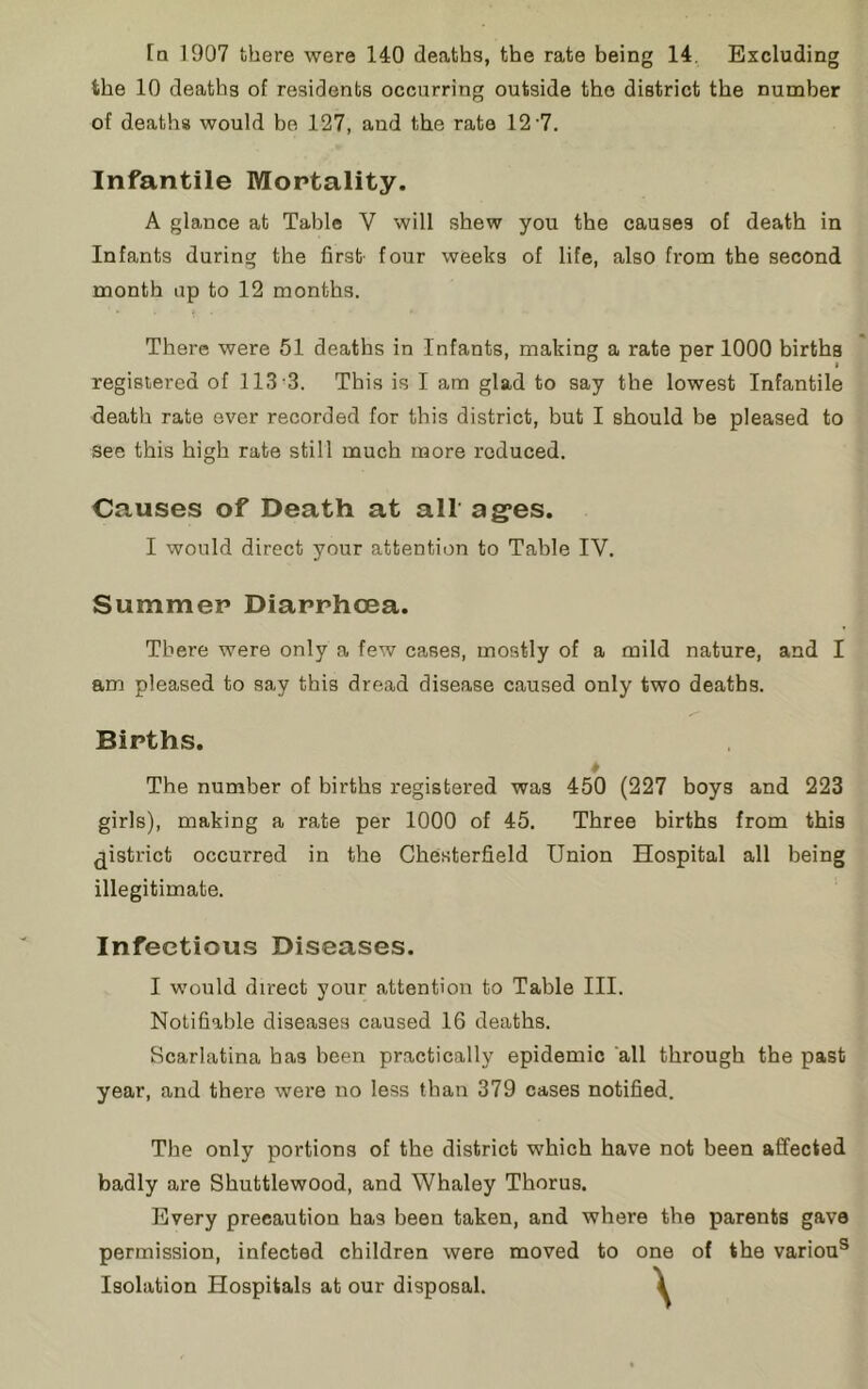 [q 1907 there were 140 deaths, the rate being 14. Excluding the 10 deaths of residents occurring outside the district the number of deaths would be 127, and the rate 12'7. Infantile Mortality. A glance at Table V will shew you the causes of death in Infants during the first four weeks of life, also from the second month up to 12 months. There were 51 deaths in Infants, making a rate per 1000 hirtha I registered of 113‘3. This is I am glad to say the lowest Infantile death rate ever recorded for this district, but I should be pleased to see this high rate still much more reduced. Causes of Death at all ages. I would direct your attention to Table IV. Summer Diarrhcea. There were only a few cases, mostly of a mild nature, and I am pleased to say this dread disease caused only two deaths. Births. The number of births registered was 450 (227 boys and 223 girls), making a rate per 1000 of 45. Three hirths from this district occurred in the Chesterfield Union Hospital all being illegitimate. Infectious Diseases. I would direct your attention to Table III. Notifiable diseases caused 16 deaths. Scarlatina has been practically epidemic all through the past year, and there were no less than 379 cases notified. The only portions of the district which have not been affected badly are Shuttlewood, and Whaley Thorus. Every precaution has been taken, and where the parents gave permission, infected children were moved to one of the variou® Isolation Hospitals at our disposal. \