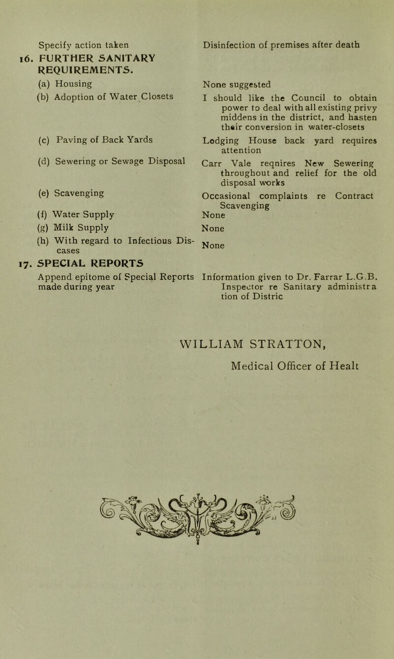 Specify action taken i6. FURTHER SANITARY REQUIREMENTS. (a) Housing (b) Adoption of Water Closets (c) Paving of Back Yards (d) Sewering or Sewage Disposal (e) Scavenging (f) Water Supply (g) Milk Supply (h) With regard to Infectious Dis- eases 17. SPECIAL REPORTS Append epitome of Special Reports made during year Disinfection of premises after death None suggested I should like the Council to obtain power to deal with all existing privy middens in the district, and hasten their conversion in water-closets Lodging House back yard requires attention Carr Vale requires New Sewering throughout and relief for the old disposal works Occasional complaints re Contract Scavenging None None None Information given to Dr. Farrar L.G.B. Inspector re Sanitary administra tion of Distric WILLIAM STRATTON, Medical Officer of Healt