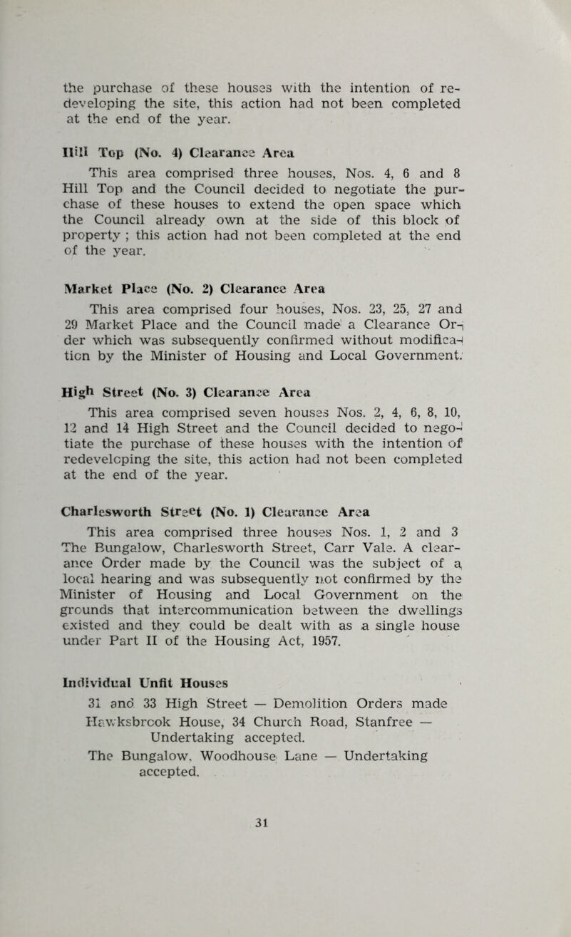 the purchase of these houses with the intention of re- developing the site, this action had not been completed at the end of the year. Hill Top (No. 4) Clearance Area This area comprised three houses, Nos. 4, 6 and 8 Hill Top and the Council decided to negotiate the .pur- chase of these houses to extend the open space which the Council already own at the side of this block of property ; this action had not been completed at the end of the year. Market Place (No. 2) Clearance Area This area comprised four houses. Nos. 23, 25, 27 and 29 Market Place and the Council made' a Clearance Or^ der which was subsequently confirmed without modifican ticn by the Minister of Housing and Local Government. High Street (No. 3) Clearance Area This area comprised seven houses Nos. 2, 4, 6, 8, 10, 12 and 14 High Street and the Council decided to nego- tiate the purchase of these houses with the intention of redeveloping the site, this action had not been completed at the end of the year. Charleswcrth Street (No. 1) Clearance Area This area comprised three houses Nos. 1, 2 and 3 The Bungalow, Charles worth Street, Carr Vale. A clear- ance Order made by the Council was the subject of a, local hearing and was subsequently not confirmed by the Minister of Housing and Local Government on the grounds that intercommunication between the dwellings existed and they could be dealt with as a single house under Part II of the Housing Act, 1957. Individual Unfit Houses 31 and 33 High Street — Demolition Orders made Ilawksbrcok House, 34 Church Road, Stanfree — Undertaking accepted. The Bungalow, Woodhouse Lane — Undertaking accepted.