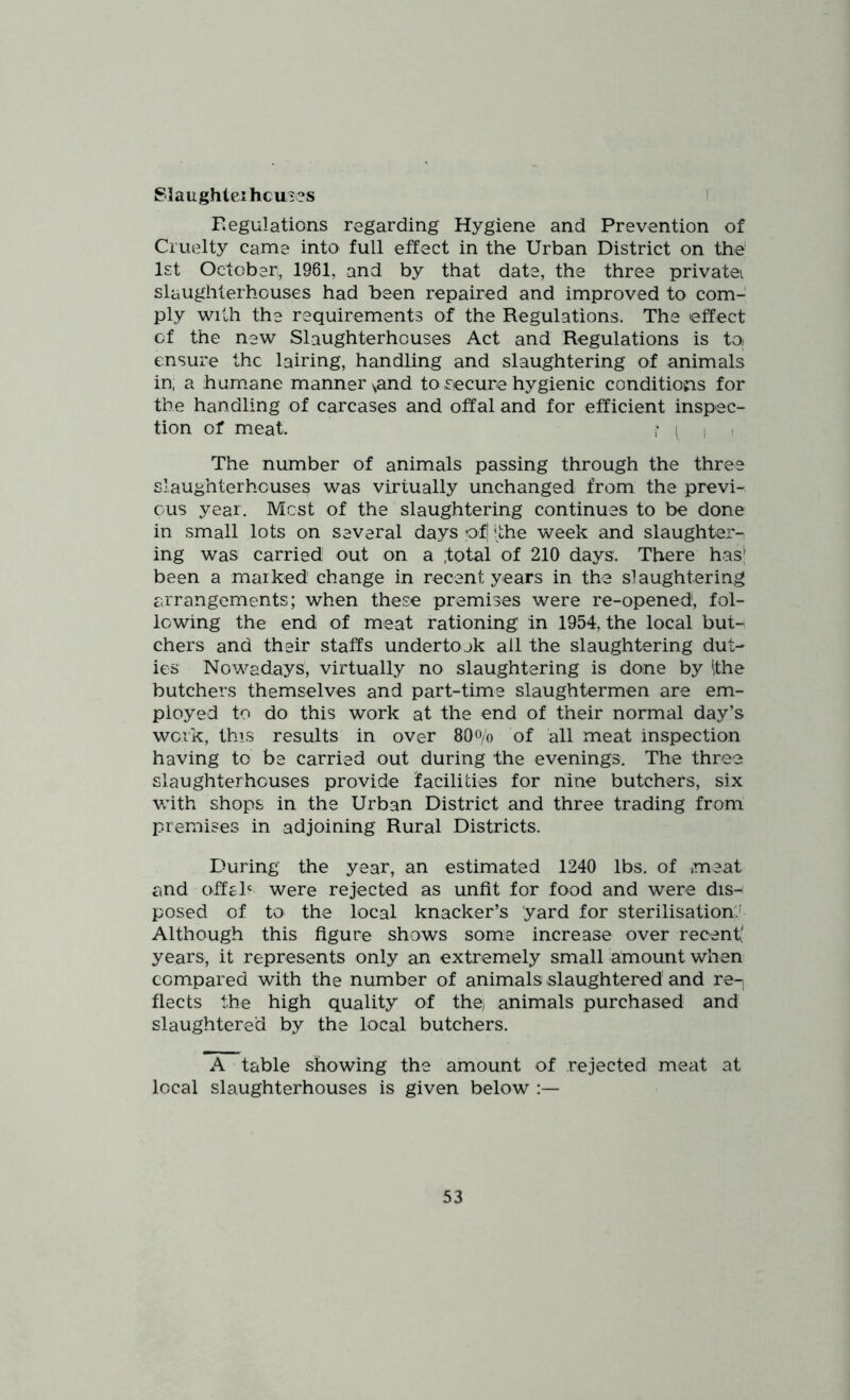 SIaughteihcui?s ! Regulations regarding Hygiene and Prevention of Cruelty came into full effect in the Urban District on the 1st October, 1961, and by that date, the three privatei slaughterhouses had been repaired and improved to com- ply with the requirements of the Regulations. The effect of the new Slaughterhouses Act and Regulations is to, ensure the lairing, handling and slaughtering of animals in, a hum.ane manner ^and to secure hygienic conditions for the handling of carcases and offal and for efficient inspec- tion of meat. r i j The number of animals passing through the three slaughterhcuses was virtually unchanged from the previ- ous year. Most of the slaughtering continues to be done in small lots on several days of! ‘the week and slaughter- ing was carried out on a itotal of 210 days. There has; been a marked change in recent years in the slaughtering Eirrangements; when these premises were re-opened, fol- lowing the end of meat rationing in 1954, the local but- chers and their staffs undertook ail the slaughtering dut- ies Nowadays, virtually no slaughtering is done by the butchers themselves and part-time slaughtermen are em- ployed to do this work at the end of their normal day’s work, this results in over 80o/o of all meat inspection having to be carried out during the evenings. The three slaughterhouses provide facilities for nine butchers, six with shops in the Urban District and three trading from premises in adjoining Rural Districts. During the year, an estimated 1240 lbs. of .meat and offgls were rejected as unfit for food and were dis- posed of to the local knacker’s yard for sterilisations Although this figure shows some increase over recenf' years, it represents only an extremely small amount when compared with the number of animals slaughtered and re- flects the high quality of the) animals purchased and slaughtered by the local butchers. A table showing the amount of rejected meat at local slaughterhouses is given below