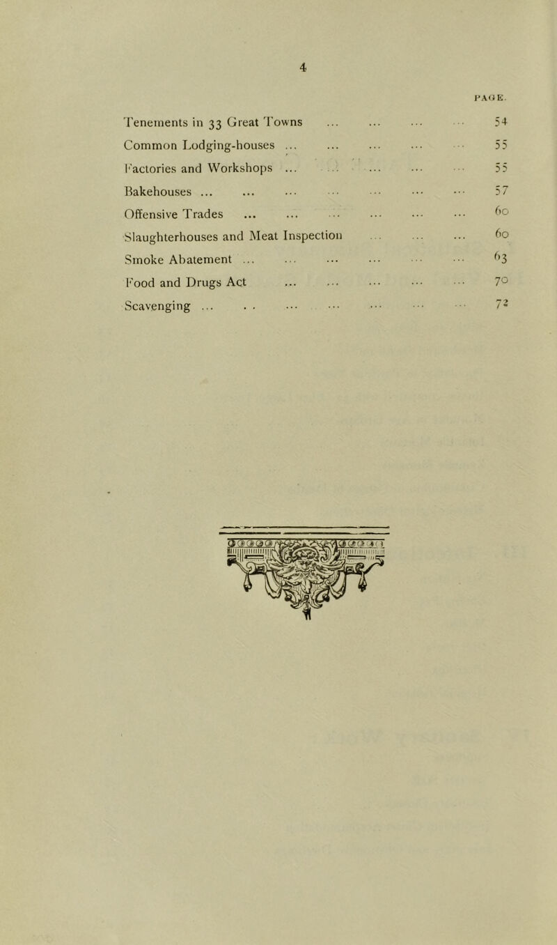 'I'eneinents in 33 Great Towns Common Lodging-houses ... l'’aclories and Workshops ... Bakehouses ... Offensive Trades Slaughterhouses and Meat Inspection Smoke Abatement ... Food and Drugs Act Scavenging ... . . 54 55 55 57 ho 60 ^•3 70