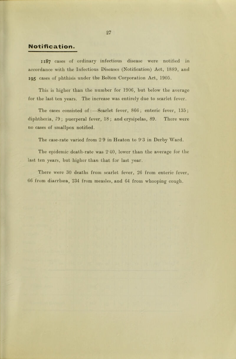 Notification. 1187 cases of ordinary infectious disease were notilied in accordance with the Infectious Diseases (Notification) Act, 1889, and 195 cases of phthisis under the Bolton Corporation Act, 1905. This is higher than the number for 1906, but below the average for the last ten years. The increase was entirely due to scarlet fever. The cases consisted of:—Scarlet fever, 866 j enteric fever, 135; diphtheiia, 19 ; puerperal fever, 18; and erysiiDelas, 89. There were no cases of smallpox notified. The case-rate varied from 2'9 in Heaton to 9'3 in Derby Ward. The epidemic death-rate was 2’40, lower than the average for the last ten years, but higher than that for last 37ear. There were 30 deaths from scai'let fever, 26 from enteric fever, 66 from diarrhoea, 234 from measles, and 64 from whooping cough.