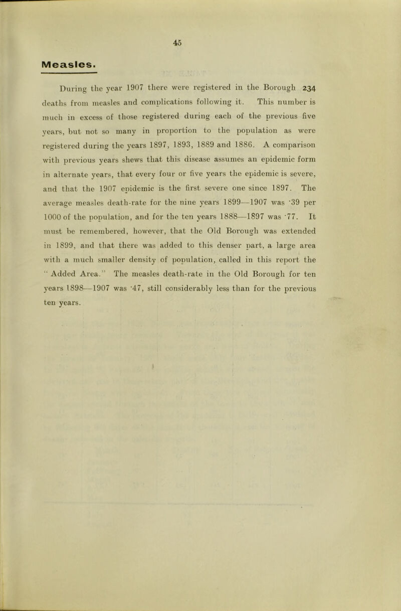 Measles. During the year 1907 there were registered in the Borough 234 deaths from measles and complications following it. This number is much iu excess of those registered during each of the previous five years, but not so many iu proportion to the population as were registered during the years 1897, 1893, 1889 and 1886. A comparison with previous years shews that this disease assumes an epidemic form in alternate years, that every four or five years the epidemic is severe, and that the 1907 epidemic is the first severe one since 1897. The average measles death-rate for the nine years 1899—1907 was ’39 per 1000 of the population, and for the ten years 1888—1897 was 77. It must be remembered, however, that the Old Borough was extended in 1899, and that there was added to this denser part, a large area with a much smaller density of 2)op^0ation, called in this report the “■ Added Area.” The measles death-rate in the Old Borough for ten years 1898—1907 was '47, still considerably less than for the previous ten years.