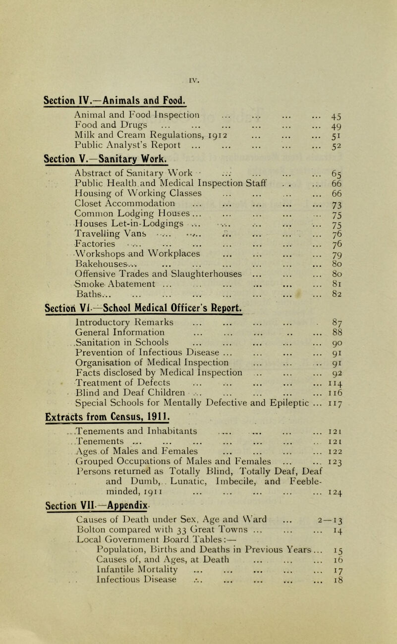 Section IV.—Animals and Food. Animal and Food Inspection ... ... ... ... 45 Food and Drugs ... ... ... ... ... ... 49 Milk and Cream Regulations, 1912 ... ... ... 51 Public Analyst’s Report ... ... ... ... ... 52 Section V.—Sanitary Work. Abstract of Sanitary Work • ... ... ... ... 65 Public Health and Medical Inspection Staff . . ... 66 Housing of Working Classes ... ... ... ... 66 Closet Accommodation ... ... ... ... ... 73 Common Lodging Houses... ... ... ... ... 75 Houses Let-in-Lodgings ... ••.■.. ... ... ... 75 Travelling Vans •-... ••/.. ... 76 Factories ... ... ... ... ... ... ... 76 Workshops and Workplaces ... ... ... ... 79 Bakehouses-.... ... ... ... ... ... ... 80 Offensive Trades and Slaughterhouses ... ... ... 80 •Smoke-Abatement ... ... ... ... ... ... 81 Baths... ... ... ... ... ... ... ... 82 Section Vi —School Medical Officer’s Report. Introductory Remarks ... ... ... ... 87 General Information ... ... ... .. ... 88 .Sanitation in Schools ... ... ... ... ... 90 Prevention of Infectious Disease ... ... ... ... 91 Organisation of Medical Inspection ... ... .. 91 Facts disclosed by Medical Inspection ... ... ... 92 Treatment of Defects ... ... ... ... ... 114 Blind and Deaf Children ... ... ... ... ... 116 Special Schools for Mentally Defective and Epileptic ... 117 Extracts from Census, 191L ...Tenements and Inhabitants ..... ... ... ... 121 ..Tenements ... ... ... ... ... ... 121 Ages of Males and Females ... ... ... ... 122 Grouped Occupations of Males and Females ... ... 123 Persons returned as Totally Blind, Totally Deaf, Deaf and Dumb,.. Lunatic, Imbecile, and Feeble- minded, 1911 ... ... ... ... ... 124 Section VII —Appendix Causes of Death under Se.v, Age and W’ard ... 2—13 Bolton compared with 33 Great Towns ... ... ... 14 Local Government Board Tables :— Population, Births and Deaths in Previous Years... 15 Causes of, and Ages, at Death ... ... ... 16 Infantile Mortality ... ... ... ... ... 17 Infectious Disease .*.. ... ... ... ... 18