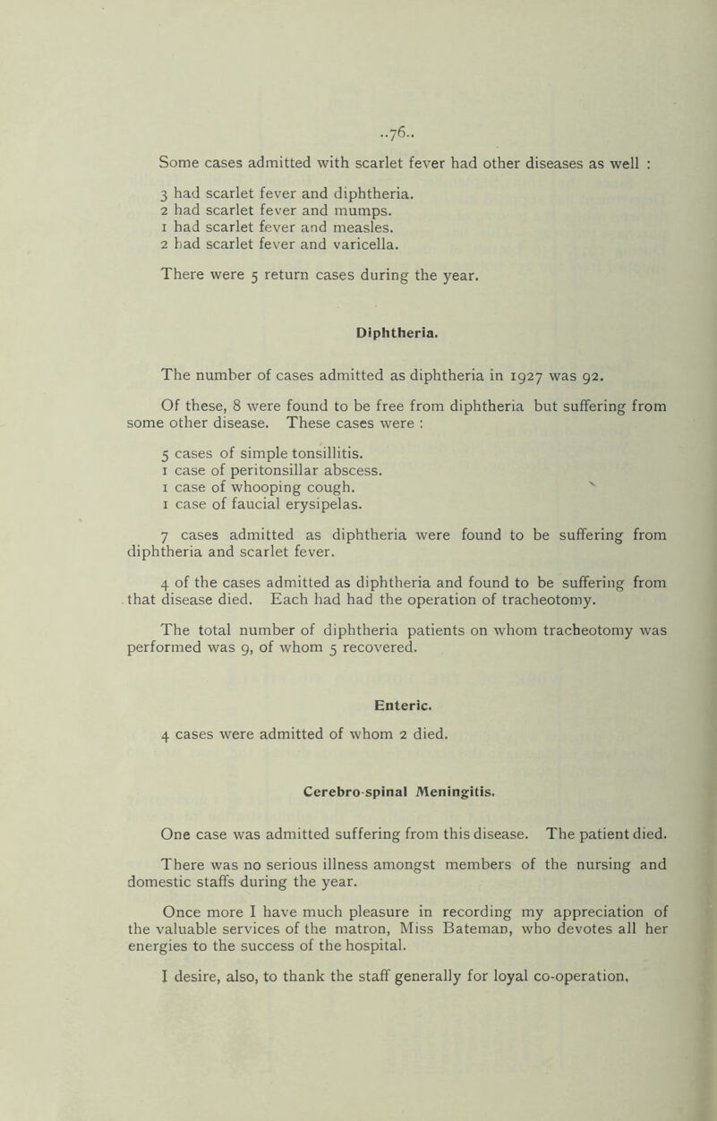 Some cases admitted with scarlet fever had other diseases as well : 3 had scarlet fever and diphtheria. 2 had scarlet fever and mumps. 1 had scarlet fever and measles. 2 had scarlet fever and varicella. There were 5 return cases during the year. Diphtheria. The number of cases admitted as diphtheria in 1927 was 92. Of these, 8 were found to be free from diphtheria but suffering from some other disease. These cases were : 5 cases of simple tonsillitis. 1 case of peritonsillar abscess. 1 case of whooping cough. 1 case of faucial erysipelas. 7 cases admitted as diphtheria were found to be suffering from diphtheria and scarlet fever. 4 of the cases admitted as diphtheria and found to be suffering from that disease died. Each had had the operation of tracheotomy. The total number of diphtheria patients on whom tracheotomy was performed was 9, of whom 5 recovered. Enteric. 4 cases were admitted of whom 2 died. Cerebro spinal Meningitis. One case was admitted suffering from this disease. The patient died. There was no serious illness amongst members of the nursing and domestic staffs during the year. Once more I have much pleasure in recording my appreciation of the valuable services of the matron, Miss Bateman, who devotes all her energies to the success of the hospital. I desire, also, to thank the staff generally for loyal co-operation.