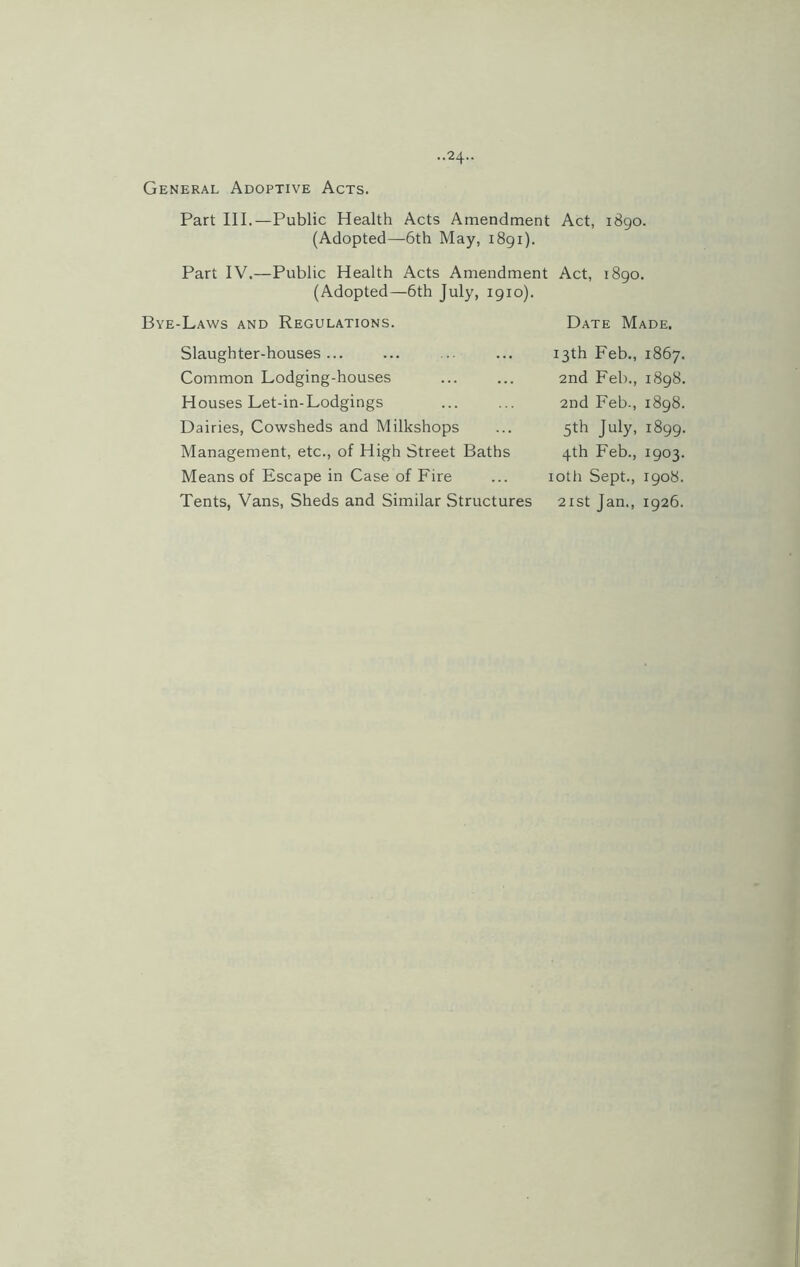 •• 24- General Adoptive Acts. Part III.—Public Health Acts Amendment Act, 1890. (Adopted—6th May, 1891). Part IV.—Public Health Acts Amendment Act, 1890. (Adopted—6th July, 1910). Bye-Laws and Regulations. Date Made, Slaughter-houses... 13th Feb., 1867. Common Lodging-houses 2nd Feb., 1898. Houses Let-in-Lodgings 2nd Feb-, 1898. Dairies, Cowsheds and Milkshops 5th July, OO VO vO Management, etc., of High Street Baths 4th Feb., I9°3- Means of Escape in Case of Fire 10th ! Sept., 1908.