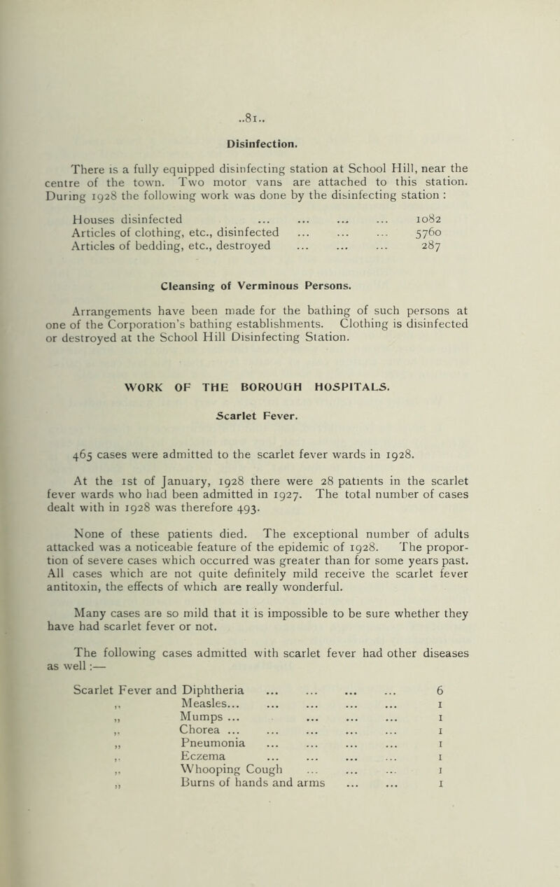 ..Si- Disinfection. There is a fully equipped disinfecting station at School Hill, near the centre of the town. Two motor vans are attached to this station. During 1928 the following work was done by the disinfecting station : Houses disinfected ... ... ... ... 1082 Articles of clothing, etc., disinfected ... ... ... 5760 Articles of bedding, etc., destroyed ... ... ... 287 Cleansing of Verminous Persons. Arrangements have been made for the bathing of such persons at one of the Corporation’s bathing establishments. Clothing is disinfected or destroyed at the School Hill Disinfecting Station. WORK OF THE BOROUGH HOSPITALS. Scarlet Fever. 465 cases were admitted to the scarlet fever wards in 1928. At the 1st of January, 1928 there were 28 patients in the scarlet fever wards who had been admitted in 1927. The total number of cases dealt with in 1928 was therefore 493. None of these patients died. The exceptional number of adults attacked was a noticeable feature of the epidemic of 1928. The propor- tion of severe cases which occurred was greater than for some years past. All cases which are not quite definitely mild receive the scarlet fever antitoxin, the effects of which are really wonderful. Many cases are so mild that it is impossible to be sure whether they have had scarlet fever or not. The following cases admitted with scarlet fever had other diseases as well:— Scarlet Fever and Diphtheria ... ... ... ... 6 ,, Measles... ... ... ... ... 1 „ Mumps ... ... ... ... 1 ,, Chorea ... ... ... ... ... 1 „ Pneumonia ... ... ... ... 1 ,. Eczema ... ... ... ... 1 ,, Whooping Cough ... ... ... 1 ,, Burns of hands and arms ... ... 1
