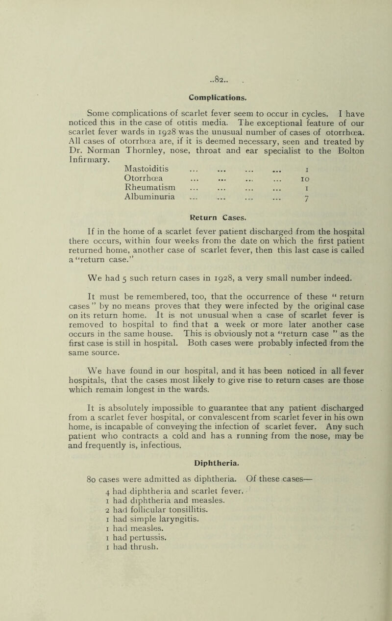 Complications. Some complications of scarlet fever seem to occur in cycles. I have noticed this in the case of otitis media. The exceptional feature of our scarlet fever wards in 1928 was the unusual number of cases of otorrhcea. All cases of otorrhcea are, if it is deemed necessary, seen and treated by Dr. Norman Thornley, nose, throat and ear specialist to the Bolton Infirmary. Mastoiditis Otorrhoea Rheumatism Albuminuria 1 10 1 7 Return Cases. If in the home of a scarlet fever patient discharged from the hospital there occurs, within four weeks from the date on which the first patient returned home, another case of scarlet fever, then this last case is called a“return case.” We had 5 such return cases in 1928, a very small number indeed. It must be remembered, too, that the occurrence of these “ return cases” by no means proves that they were infected by the original case on its return home. It is not unusual when a case of scarlet fever is removed to hospital to find that a week or more later another case occurs in the same house. This is obviously not a “return case ” as the first case is still in hospital. Both cases were probably infected from the same source. We have found in our hospital, and it has been noticed in all fever hospitals, that the cases most likely to give rise to return cases are those which remain longest in the wards. It is absolutely impossible to guarantee that any patient discharged from a scarlet fever hospital, or convalescent from scarlet fever in his own home, is incapable of conveying the infection of scarlet fever. Any such patient who contracts a cold and has a running from the nose, may be and frequently is, infectious. Diphtheria. 80 cases were admitted as diphtheria. Of these cases— 4 had diphtheria and scarlet fever. 1 had diphtheria and measles. 2 had follicular tonsillitis. 1 had simple laryngitis. 1 had measles. 1 had pertussis. 1 had thrush.