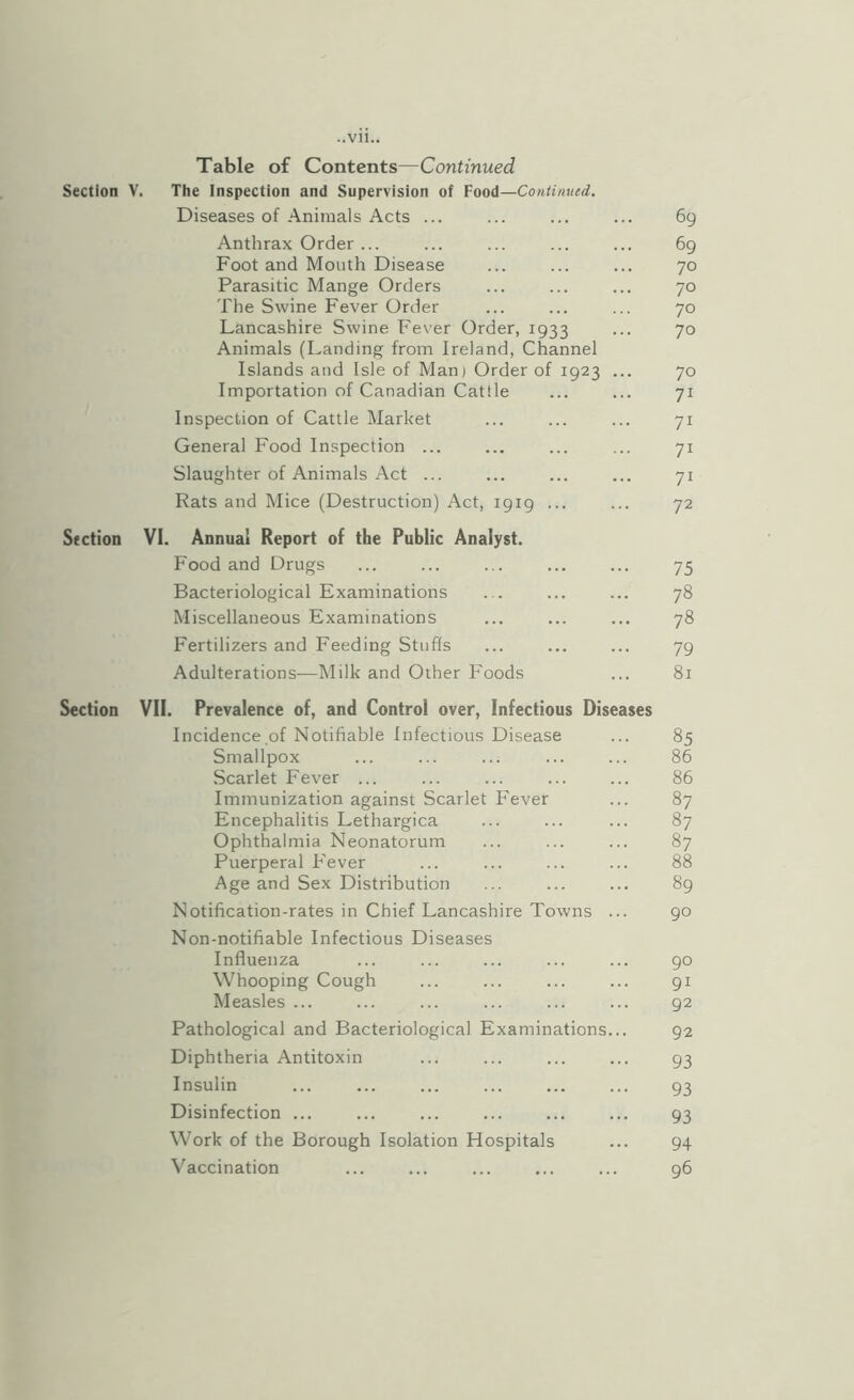 Table of Contents—Continued Section V. The Inspection and Supervision of Food—Continued. Diseases of Animals Acts ... ... ... ... 69 Anthrax Order ... ... ... ... ... 69 Foot and Mouth Disease ... ... ... 70 Parasitic Mange Orders ... ... ... 70 The Swine Fever Order ... ... ... 70 Lancashire Swine Fever Order, 1933 ••• 7° Animals (Landing from Ireland, Channel Islands and Isle of Man) Order of 1923 ... 70 Importation of Canadian Cattle ... ... 71 Inspection of Cattle Market ... ... ... 71 General Food Inspection ... ... ... ... 71 Slaughter of Animals Act ... ... ... ... 71 Rats and Mice (Destruction) Act, 1919 ... ... 72 Section VI. Annual Report of the Public Analyst. Food and Drugs ... ... ... ... ... 75 Bacteriological Examinations ... ... ... 78 Miscellaneous Examinations ... ... ... 78 Fertilizers and Feeding Stuffs ... ... ... 79 Adulterations—Milk and Other Foods ... 81 Section VII. Prevalence of, and Control over, Infectious Diseases Incidence .of Notifiable Infectious Disease ... 85 Smallpox ... ... ... ... ... 86 Scarlet Fever ... ... ... . 86 Immunization against Scarlet P'ever ... 87 Encephalitis Lethargica ... ... ... 87 Ophthalmia Neonatorum ... ... ... 87 Puerperal Fever ... ... ... ... 88 Age and Sex Distribution ... ... ... 89 Notification-rates in Chief Lancashire Towns ... 90 Non-notifiable Infectious Diseases Influenza ... ... ... ... ... 90 Whooping Cough ... ... ... ... 91 Measles ... ... ... ... ... ... 92 Pathological and Bacteriological Examinations... 92 Diphtheria Antitoxin ... ... ... ... 93 Insulin ... ... ... ... ... ... 93 Disinfection ... ... ... ... ... ... 93 Work of the Borough Isolation Hospitals ... 94 Vaccination ... ... ... ... ... 96