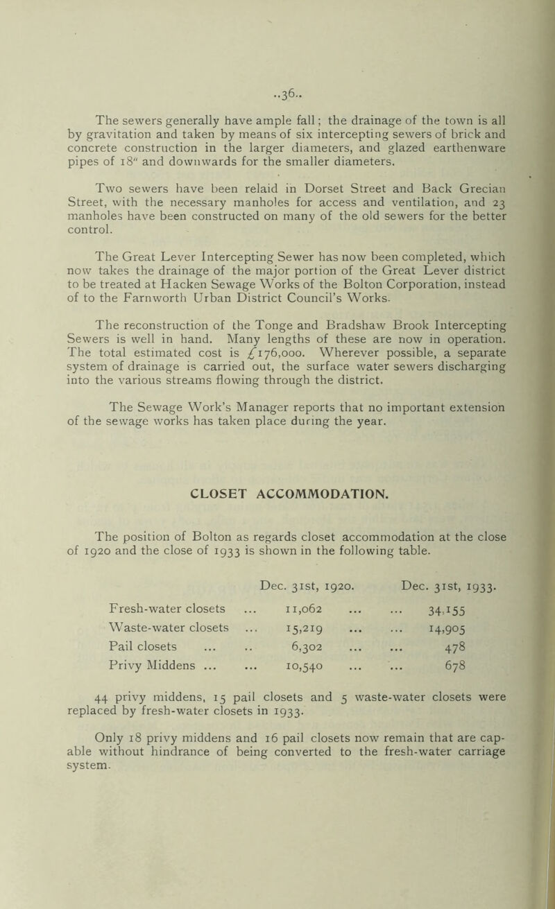 The sewers generally have ample fall; the drainage of the town is all by gravitation and taken by means of six intercepting sewers of brick and concrete construction in the larger diameters, and glazed earthenware pipes of 18“ and downwards for the smaller diameters. Two sewers have been relaid in Dorset Street and Back Grecian Street, with the necessary manholes for access and ventilation, and 23 manholes have been constructed on many of the old sewers for the better control. The Great Lever Intercepting Sewer has now been completed, which now takes the drainage of the major portion of the Great Lever district to be treated at Hacken Sewage Works of the Bolton Corporation, instead of to the Farnworth Urban District Council’s Works. The reconstruction of the Tonge and Bradshaw Brook Intercepting Sewers is well in hand. Many lengths of these are now in operation. The total estimated cost is ^176,000. Wherever possible, a separate system of drainage is carried out, the surface water sewers discharging into the various streams flowing through the district. The Sewage Work’s Manager reports that no important extension of the sewage works has taken place during the year. CLOSET ACCOMMODATION. The position of Bolton as regards closet accommodation at the close of 1920 and the close of 1933 is shown in the following table. Dec. 31st, 1920. Fresh-water closets ... 11,062 Waste-water closets ... 15,219 Pail closets ... .. 6,302 Privy Middens ... ... 10,540 Dec. 31st, 1933. 34-.I55 14,905 478 678 44 privy middens, 15 pail closets and 5 waste-water closets were replaced by fresh-water closets in 1933. Only 18 privy middens and 16 pail closets now remain that are cap¬ able without hindrance of being converted to the fresh-water carriage system.