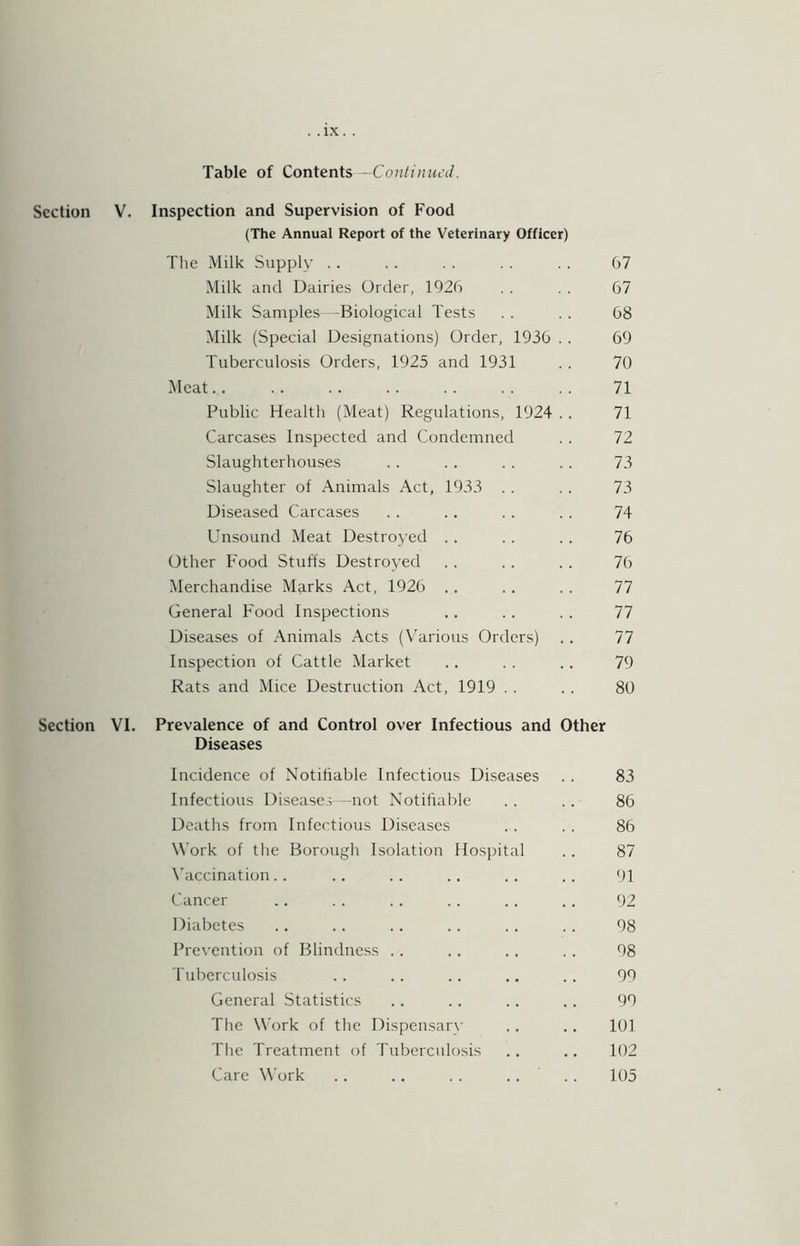 Table of Contents Section V. Inspection and Supervision of Food (The Annual Report of the Veterinary Officer) The Milk Supply .. . . . . . . . . 67 Milk and Dairies Order, 1926 . . . . 67 Milk Samples -Biological Tests . . . . 68 Milk (Special Designations) Order, 1936 . . 69 Tuberculosis Orders, 1925 and 1931 . . 70 Meat.. .. .. .. . . . . .. 71 Public Health (Meat) Regulations, 1924 . . 71 Carcases Inspected and Condemned . . 72 Slaughterhouses .. .. . . . . 73 Slaughter of Animals Act, 1933 . . . . 73 Diseased Carcases . . .. . . . . 74 Unsound Meat Destroyed . . . . . . 76 Other Food Stuffs Destroyed . . . . . . 76 Merchandise Marks Act, 1926 .. . . . . 77 General F'ood Inspections .. . . . . 77 Diseases of Animals Acts (Various Orders) . . 77 Inspection of Cattle Market .. . . . . 79 Rats and Mice Destruction Act, 1919 . . . . 80 Section VI. Prevalence of and Control over Infectious and Other Diseases Incidence of Notifiable Infectious Diseases Infectious Diseases—not Notifiable Deaths from Infectious Diseases Work of the Borough Isolation Hos]fital \'accination. . Cancer Diabetes Prevention of Blindness .. Tuberculosis General Statistics The Work of the Dispensary The Treatment of Tvd)erculosis Care Work .. .. . . .. 83 86 86 87 91 92 98 98 99 99 101 102 105