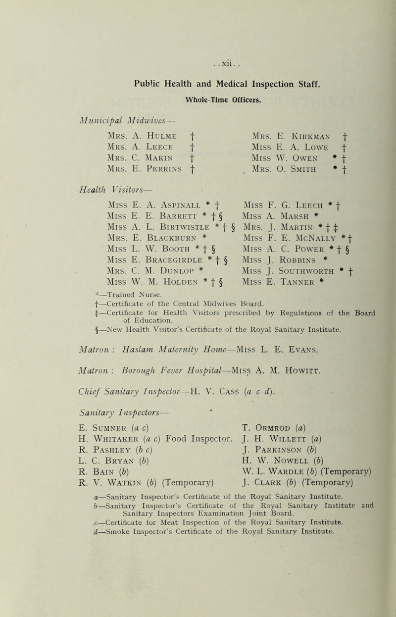 Public Health and Medical Inspection Staff. Whole-Time Officers. Municipal Midwives— Mrs. i\. Hulme f Mrs. a. Leece f Mrs. C. Makin f Mrs. E. Perrins f Mrs. E. Kirkman f Miss E. A. Lowe f Miss W. Owen • f Mrs. O. Smith * f Health Visitors— Miss E. A. Aspinale * f Miss E. E. Barrett * f § Miss A. L. Birtwistle * f § Mrs. E. Blackburn * Miss L. W. Booth * f § Miss E. Bracegirdle * f § Mrs. C. M. Dunlop * Miss W. M. Holden * f § Miss F. G. Leech * f Miss A. Marsh * Mrs. J. Martin * | :j: Miss F. E. McNally * f Miss A. C. Power * f § Miss J. Robbins * Miss J. Southworth * f Miss E. Tanner * —Trained Nurse. f—Certificate of the Central Midwives Board. X—Certificate for Health Visitors prescribed by Regulations of the Board of Education. §—New Health Vi.sitor’s Certificate of the Royal Sanitary Institute. Matron : Haslam Maternity Home—Miss L. E. Evans. Matron : Borough Fever Hospital—Miss A. M. Howitt. Chief Sanitary Inspector—H. V. Cass (« c d). Sanitary Inspectors— E. Sumner {a c) H. Whitaker {a c) Food Inspector, R. Pashley {b c) L. C. Bryan (b) R. Bain (b) R. V. Watkin (b) (Temporary) T. Ormrod (a) J. H. Willett (a) J. Parkinson (b) H. W. Nowell (6) W. L. Wardle (b) (Temporary) J. Clark (b) (Temporary) a—Sanitary Inspector’s Certificate of the Royal Sanitary Institute. h—Sanitary Inspector’s Certificate of the Royal Sanitary Institute and Sanitary Inspectors Examination Joint Board, c—Certificate for Meat Inspection of the Royal Sanitary Institute. J—Smoke Inspector’s Certificate of the Royal Sanitary Institute.