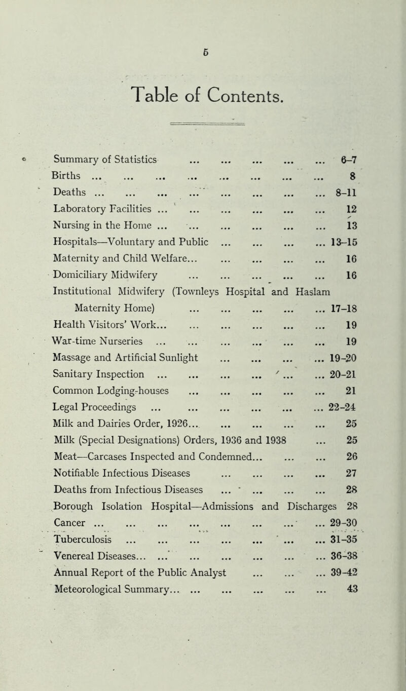 Table of Contents. Summary of Statistics ... 6-7 Births 8 Deaths ' ... 8-11 Laboratory Facilities ... ... ... 12 Nursing in the Home ... 13 Hospitals—Voluntary and Public ... 13-15 Maternity and Child Welfare... 16 Domiciliary Midwifery 16 Institutional Midwifery (Townleys Hospital and Haslam Maternity Home) ... 17-18 Health Visitors’ Work 19 War-time Nurseries ... ... 19 Massage and Artificial Sunlight ... 19-20 Sanitary Inspection ^ ... ... 20-21 Common Lodging-houses 21 Legal Proceedings ... ... 22-24 Milk and Dairies Order, 1926... 25 Milk (Special Designations) Orders, 1936 and 1938 25 Meat—Carcases Inspected and Condemned 26 Notifiable Infectious Diseases 27 Deaths from Infectious Diseases ... ' 28 Borough Isolation Hospital—Admissions and Discharges 28 Cancer ... 29-30 Tuberculosis ' ... 31-35 Venereal Diseases * ... 36-38 Annual Report of the Public Analyst ... 39-42 Meteorological Summary 43