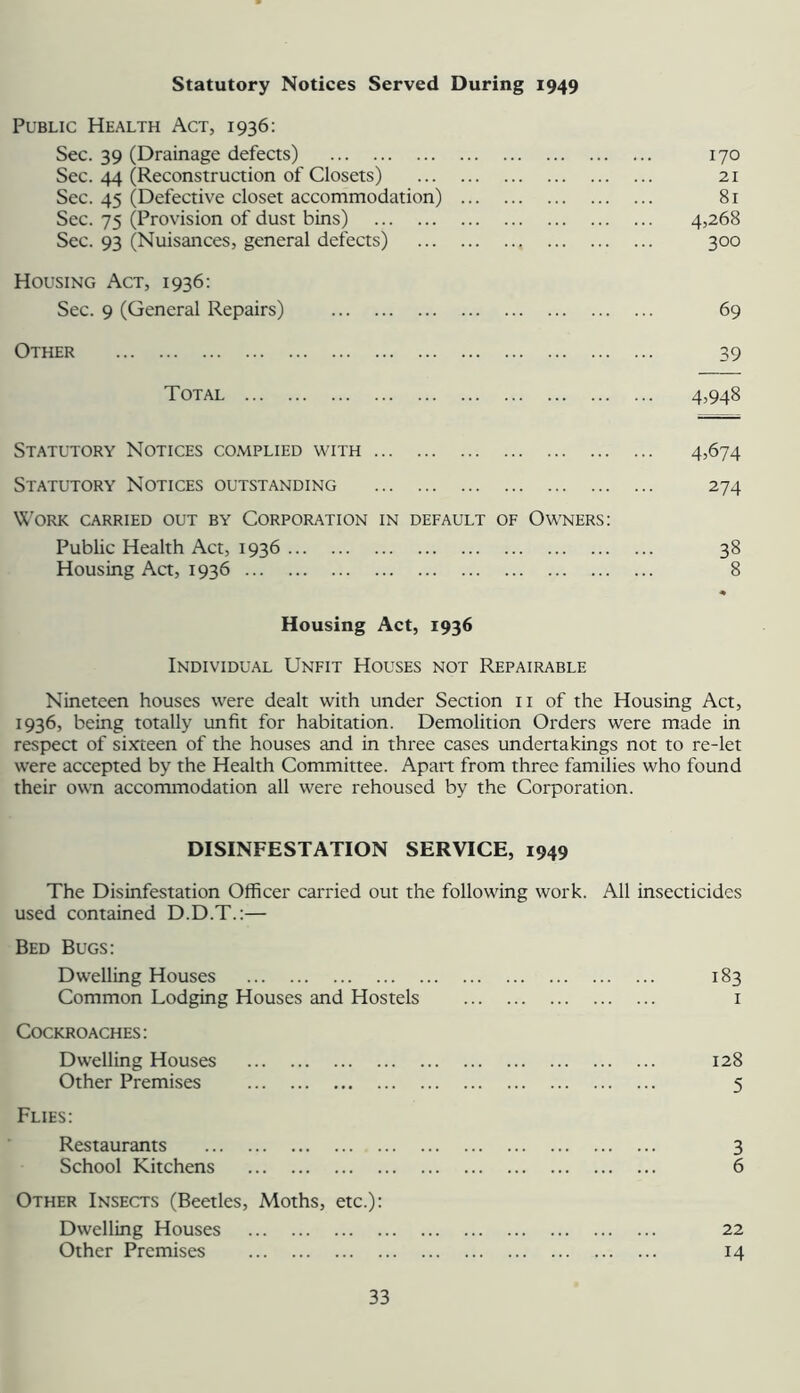 Statutory Notices Served During 1949 Public Health Act, 1936; Sec. 39 (Drainage defects) 170 Sec. 44 (Reconstruction of Closets) 21 Sec. 45 (Defective closet accommodation) 81 Sec. 75 (Provision of dust bins) 4,268 Sec. 93 (Nuisances, general defects) 300 Housing Act, 1936; Sec. 9 (General Repairs) 69 Other 39 Total 4,948 Statutory Notices complied with 4,674 Statutory Notices outstanding 274 >X’ORK CARRIED OUT BY CORPORATION IN DEFAULT OF OWNERS: Public Health Act, 1936 38 Housing Act, 1936 8 Housing Act, 1936 Individual Unfit Houses not Repairable Nineteen houses were dealt with under Section ii of the Housing Act, 19365 being totally unfit for habitation. Demolition Orders were made in respect of sixteen of the houses and in three cases undertakings not to re-let were accepted by the Health Committee. Apart from three families who found their own accommodation all were rehoused by the Corporation. DISINFESTATION SERVICE, 1949 The Disinfestation Officer carried out the following work. All insecticides used contained D.D.T.:— Bed Bugs: Dwelling Houses 183 Common Lodging Houses and Hostels i Cockroaches: Dwelling Houses Other Premises Flies: Restaurants School Kitchens 128 5 3 6 Other Insects (Beetles, Moths, etc.): Dwelling Houses 22 Other Premises 14