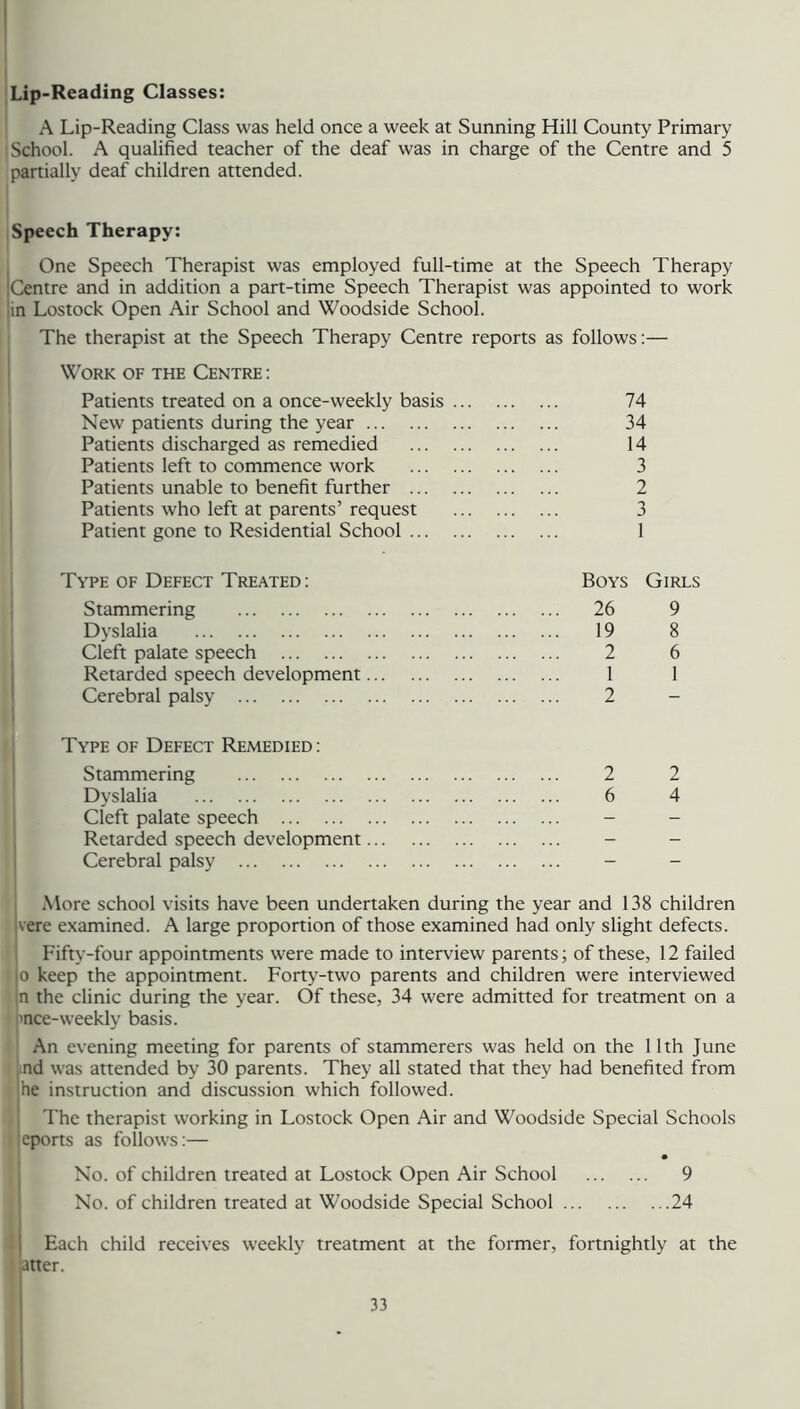 'Lip-Reading Classes: ' A Lip-Reading Class was held once a week at Sunning Hill County Primary School. A qualified teacher of the deaf was in charge of the Centre and 5 partially deaf children attended. Speech Therapy: One Speech Therapist was employed full-time at the Speech Therapy ICentre and in addition a part-time Speech Therapist was appointed to work lin Lostock Open Air School and Woodside School. The therapist at the Speech Therapy Centre reports as follows:— Work of the Centre : Patients treated on a once-weekly basis 74 New patients during the year 34 Patients discharged as remedied 14 Patients left to commence work 3 Patients unable to benefit further 2 Patients who left at parents’ request 3 Patient gone to Residential School 1 Type of Defect Treated: Boys Girls ! Stammering 26 9 Dyslalia 19 8 Cleft palate speech 2 6 I Retarded speech development 1 1 I Cerebral palsy 2 - I I Type OF Defect Remedied: Stammering 2 2 Dyslalia 6 4 Cleft palate speech - - Retarded speech development - - Cerebral palsy - - More school visits have been undertaken during the year and 138 children vere examined. A large proportion of those examined had only slight defects. Fifty-four appointments were made to interview parents; of these, 12 failed 0 keep the appointment. Forty-two parents and children were interviewed n the clinic during the year. Of these, 34 were admitted for treatment on a I'nce-weekly basis. ‘ An evening meeting for parents of stammerers was held on the 11th June ;nd was attended by 30 parents. They all stated that they had benefited from he instruction and discussion which followed. The therapist working in Lostock Open Air and Woodside Special Schools I eports as follows:— • No. of children treated at Lostock Open Air School 9 No. of children treated at Woodside Special School 24 i Each child receives weekly treatment at the former, fortnightly at the atter. 33 i