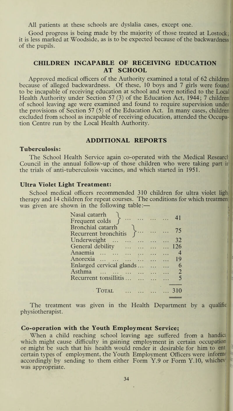 All patients at these schools are dyslalia cases, except one. ; Good progress is being made by the majority of those treated at Lostock;, it is less marked at Woodside, as is to be expected because of the backwardness' of the pupils. ] CHILDREN INCAPABLE OF RECEIVING EDUCATION AT SCHOOL Approved medical officers of the Authority examined a total of 62 children' because of alleged backwardness. Of these, 10 boys and 7 girls were found to be incapable of receiving education at school and were notified to the Local Health Authority under Section 57 (3) of the Education Act, 1944; 7 children' of school leaving age were examined and found to require supervision under the provisions of Section 57 (5) of the Education Act. In many cases, children: excluded from school as incapable of receiving education, attended the Occupa-' tion Centre run by the Local Health Authority. ADDITIONAL REPORTS Tuberculosis: The School Health Service again co-operated with the Medical Researcl Council in the annual follow-up of those children who were taking part ir the trials of anti-tuberculosis vaccines, and which started in 1951. ' Ultra Violet Light Treatment: j School medical officers recommended 310 children for ultra violet ligh therapy and 14 children for repeat courses. The conditions for which treatmen was given are shown in the following table:— ; Nasal catarrh \ Frequent colds / 41 Bronchial catarrh \ 75 Recurrent bronchitis Underweight 32 General debility 126 Anaemia 4 Anorexia 19 Enlarged cervical glands ... 6 Asthma 2 Recurrent tonsillitis.. 5 Total 310 The treatment was given in the Health Department by a qualifie physiotherapist. Co-operation with the Youth Employment Service; | When a child reaching school leaving age suffered from a handier which might cause difficulty in gaining employment in certain occupation' or might be such that his health would render it desirable for him to ent! certain types of employment, the Youth Employment Officers were inform(| accordingly by sending to them either Form Y.9 or Form Y.IO, whichev . was appropriate.