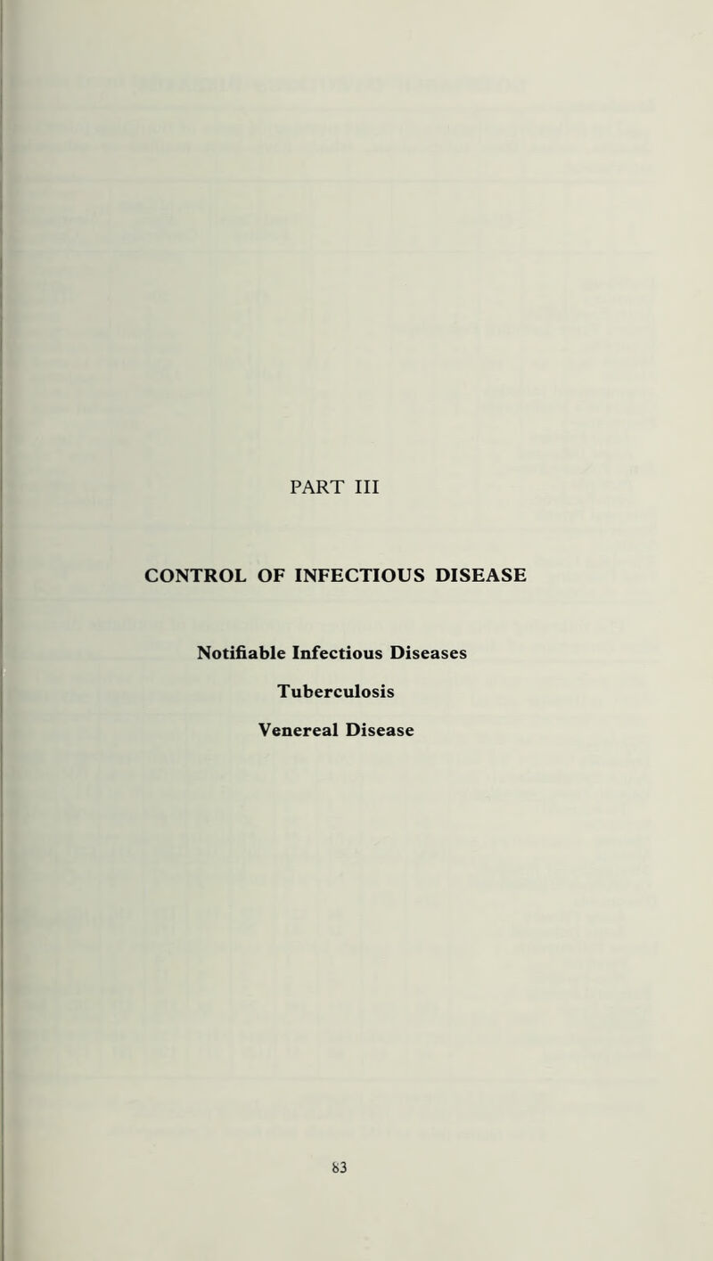 PART III CONTROL OF INFECTIOUS DISEASE Notifiable Infectious Diseases Tuberculosis Venereal Disease