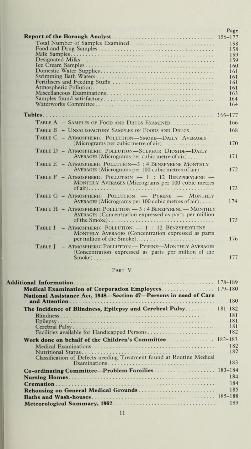 Report of the Borough Analyst 156-177 Total Number of Samples Examined 158 Food and Drug Samples 158 Milk Samples 159 Designated Milks 159 Ice Cream Samples 160 Domestic Water Supplies 161 Swimming Bath Waters 161 Fertilisers and Feeding Stuffs 161 Atmospheric Pollution 161 Miscellaneous Examinations 163 Samples found satisfactory 164 Waterworks Committee 164 Tables 166-177 Table A - Samples of Food and Drugs Examined 166 Table B - Unsatisfactory Samples of Foods and Drugs 168 Table C - Atmospheric Pollution—Smoke—Daily Averages (Micrograms per cubic metre of air) 170 Table D - Atmospheric Pollution—Sulphur Dioxide—Daily Averages (Micrograms per cubic metre of air) 171 Table E - Atmospheric Pollution—3 ; 4 Benzpyrene Monthly Averages (Micrograms per 100 cubic metres of air) .... 172 Table F - Atmospheric Pollution — 1 : 12 Benzperylene — Monthly Averages (Micrograms per 100 cubic metres of air) 173 Table G - Atmospheric Pollution — Pyrene — Monthly Averages (Micrograms per 100 cubic metres of air) 174 Tabie H - Atmospheric Pollution — 3 : 4 Benzpyrene — Monthly Averages (Concentration expressed as parts per million of the Smoke) 175 Table I - Atmospheric Pollution — 1:12 Benzyperylene — Monthly Averages (Concentration expressed as parts per million of the Smoke) 176 Table J - Atmospheric Pollution — Pyrene—Monthly Averages (Concentration expressed as parts per million of the Smoke) 177 Part V Additional Information 178-189 Medical Examination of Corporation Employees 179-180 National Assistance Act, 1948—Section 47—Persons in need of Care and Attention 180 The Incidence of Blindness, Epilepsy and Cerebral Palsy 181-182 Blindness 181 Epilepsy 181 Cerebral Palsy 181 Facilities available for Handicapped Persons 182 Work done on behalf of the Children’s Committee 182-183 Medical Examinations 182 Nutritional Status • 182 Classification of Defects needing Treatment found at Routine Medical Examinations 183 Co-ordinating Committee—Problem Families 183-184 Nursing Homes 184 Cremation 184 Rehousing on General Medical Grounds 185 Baths and Wash-houses 185-188 Meteorological Summary, 1962 189