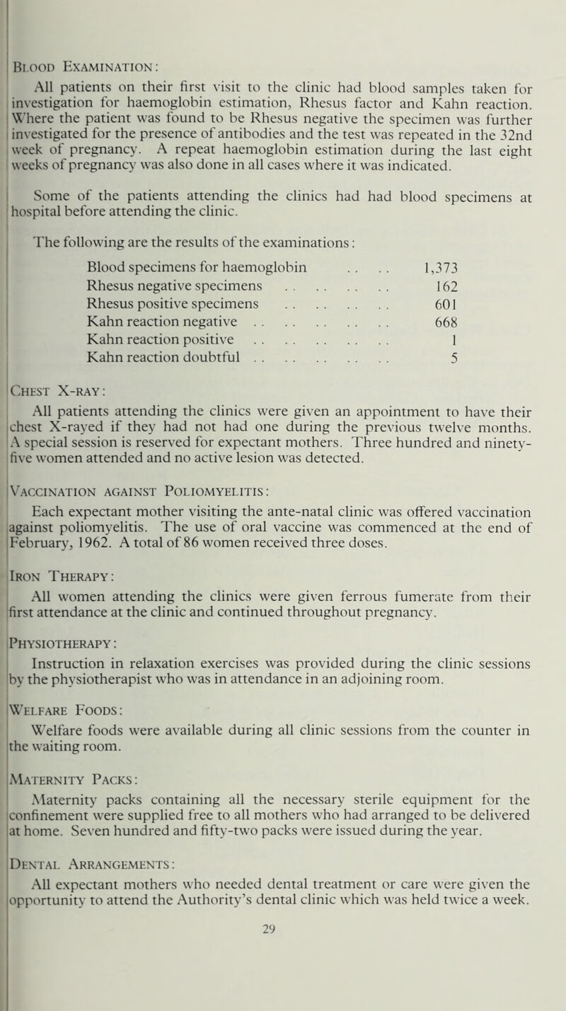 I Blood Examination : All patients on their first visit to the clinic had blood samples taken for investigation for haemoglobin estimation, Rhesus factor and Kahn reaction, ^’here the patient was found to be Rhesus negative the specimen was further I investigated for the presence of antibodies and the test was repeated in the 32nd week of pregnancy. A repeat haemoglobin estimation during the last eight weeks of pregnancy was also done in all cases where it was indicated. I Some of the patients attending the clinics had had blood specimens at hospital before attending the clinic. The following are the results of the examinations: Blood specimens for haemoglobin Rhesus negative specimens Rhesus positive specimens Kahn reaction negative Kahn reaction positive Kahn reaction doubtful !Chest X-ray: I All patients attending the clinics were given an appointment to have their I chest X-rayed if they had not had one during the previous twelve months. 'A special session is reserved for expectant mothers. Three hundred and ninety- five women attended and no active lesion was detected. iV'^ACCINATION AGAINST POLIOMYELITIS: Each expectant mother visiting the ante-natal clinic was offered vaccination lagainst poliomyelitis. The use of oral vaccine was commenced at the end of iFebruary, 1962. A total of 86 women received three doses. Iron Therapy: All women attending the clinics were given ferrous fumerate from their Ifirst attendance at the clinic and continued throughout pregnancy. Physiotherapy : I Instruction in relaxation exercises was provided during the clinic sessions Iby the physiotherapist who was in attendance in an adjoining room. VCelfare Foods: VC'elfare foods were available during all clinic sessions from the counter in the waiting room. Maternity Packs: Maternity packs containing all the necessary sterile equipment for the confinement were supplied free to all mothers who had arranged to be delivered at home. Seven hundred and fifty-two packs were issued during the year. Dental Arrangements : All expectant mothers who needed dental treatment or care were given the opportunity to attend the Authority’s dental clinic which was held twice a week. 162 601 668 1