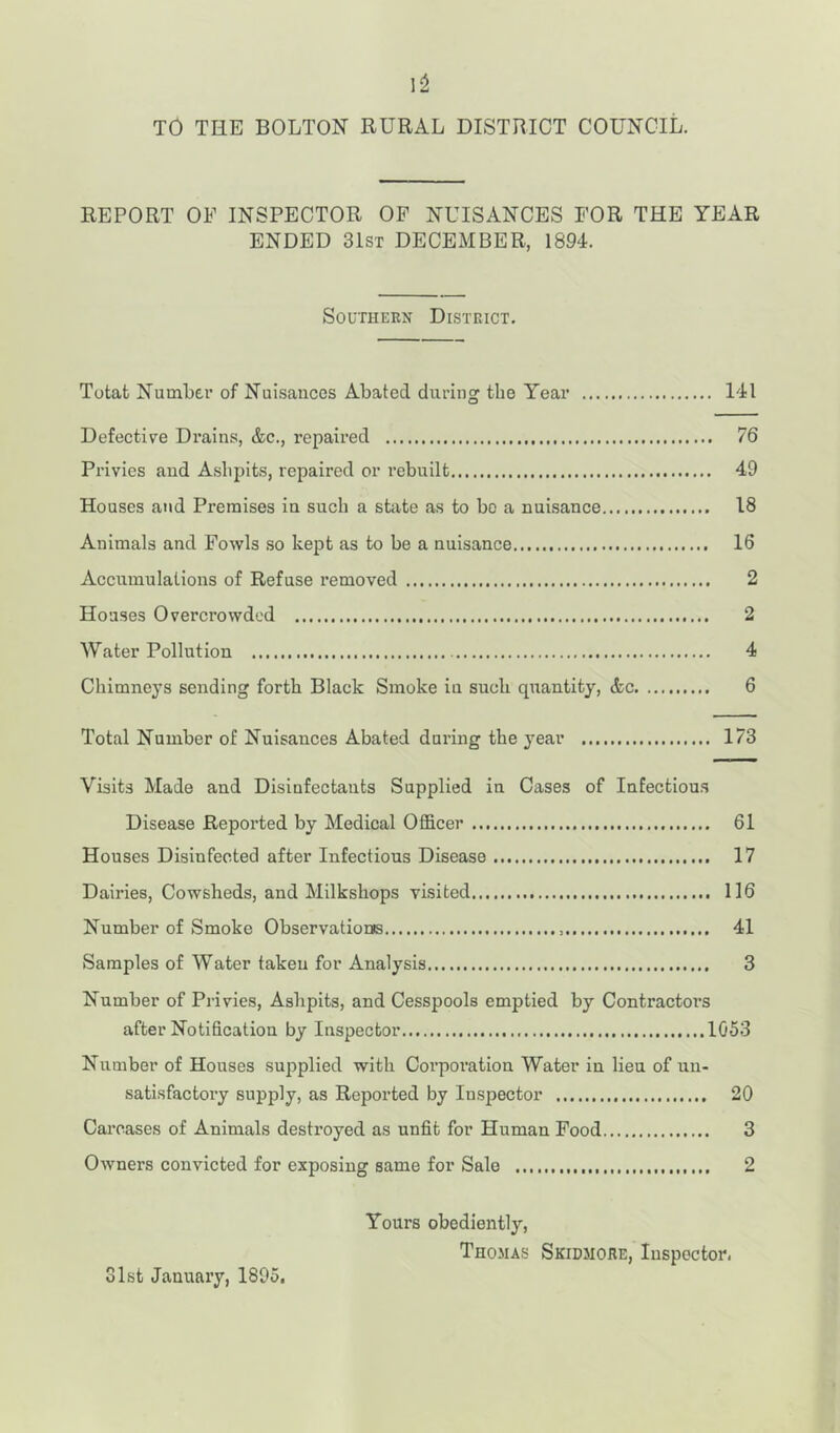 TO THE BOLTON RURAL DISTRICT COUNCIL. REPORT OF INSPECTOR OF NUISANCES FOR THE YEAR ENDED 31st DECEMBER, 1894. Southern District. Totat Number of Nuisances Abated during the Year 141 Defective Drains, &c., repaired 76 Privies and Ashpits, repaired or rebuilt 49 Houses and Premises in such a state as to be a nuisance 18 Animals and Fowls so kept as to be a nuisance 16 Accumulations of Refuse removed 2 Houses Overcrowded 2 Water Pollution 4 Chimneys sending forth Black Smoke in sucli quantity, &c 6 Total Number of Nuisances Abated during the year 173 Visits Made and Disinfectants Supplied in Cases of Infectious Disease Repoi’ted by Medical Officer 61 Houses Disinfected after Infectious Disease 17 Dairies, Cowsheds, and Milkshops visited 116 Number of Smoke Observations 41 Samples of Water taken for Analysis 3 Number of Privies, Ashpits, and Cesspools emptied by Contractors after Notification by Inspector 1053 Number of Houses supplied with Coi’poi’ation Water in lieu of un- satisfactory supply, as Reported by Inspector 20 Carcases of Animals destroyed as unfit for Human Food 3 Owners convicted for exposing same for Sale 2 Yours obediently, Thomas Skidmore, Inspector. 31st January, 1805.