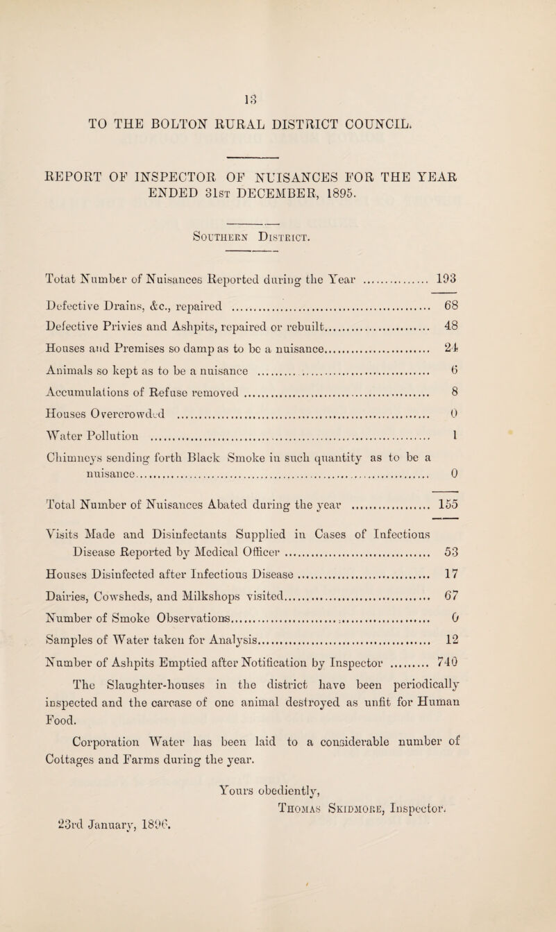 TO THE BOLTON RURAL DISTRICT COUNCIL* REPORT OF INSPECTOR OF NUISANCES FOR THE YEAR ENDED 31st DECEMBER, 1895. Southern District. Totat Number of Nuisances Reported during the Year . 193 Defective Drains, &c., repaired . 68 Defective Privies and Ashpits, repaired or rebuilt. 48 Houses and Premises so damp as to be a nuisance. 24 Animals so kept as to be a nuisance . . 6 Accumulations of Refuse removed ... 8 Houses Overcrowded . 0 Water Pollution . 1 Chimneys sending forth Black Smoke in such quantity as to be a nuisance. 0 Total Number of Nuisances Abated during the year . 155 Visits Made and Disinfectants Supplied in Cases of Infectious Disease Reported by Medical Officer . 53 Houses Disinfected after Infectious Disease. 17 Dairies, Cowsheds, and Milkshops visited. 67 Number of Smoke Observations. 0 Samples of Water taken for Analysis. 12 Number of Ashpits Emptied after Notification by Inspector . 740 The Slaughter-houses in the district have been periodically inspected and the carcase of one animal destroyed as unfit for Human Food. Corporation Water has been laid to a considerable number of Cottages and Farms during the year. Yours obediently, Thomas Skidmore, Inspector. 23rd January, 1896.