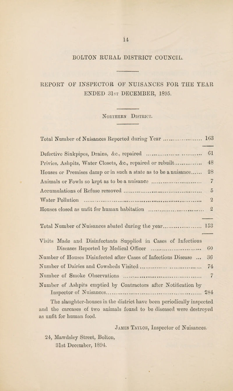 BOLTON BUBAL DISTBICT COUNCIL. BEPOBT OF INSPECTOB OF NUISANCES FOB THE YEAB ENDED 31st DECEMBEB, 1895. Northern District. Total Number of Nuisances Beported during Year ... 163 Defective Sinkpipes, Drains, &c., repaired .. 61 Privies, Ashpits, Water Closets, &c., repaired or rebuilt. 48 Houses or Premises damp or in such a state as to be a nuisance. 28 Animals or Fowls so kept as to be a nuisance . 7 Accumulations of Befuse removed . 5 Water Pollution ... 2 Houses closed as unfit for human habitation ..... 2 Total Number of Nuisances abated during the year... 153 Visits Made and Disinfectants Supplied in Cases of Infectious Diseases Beported by Medical Officer . 60 Number of Houses Disinfected after Cases of Infectious Disease ... 36 Number of Dairies and Cowsheds Visited... 74 Number of Smoke Observations . 7 Number of Ashpits emptied by Contractors after Notification by Inspector of Nuisances. 284 The slaughter-houses in the district have been periodically inspected and the carcases of two animals found to be diseased were destroyed as unfit for human food. James Taylor, Inspector of Nuisances. 24, Mawdsley Street, Bolton, 31st December, 1894.