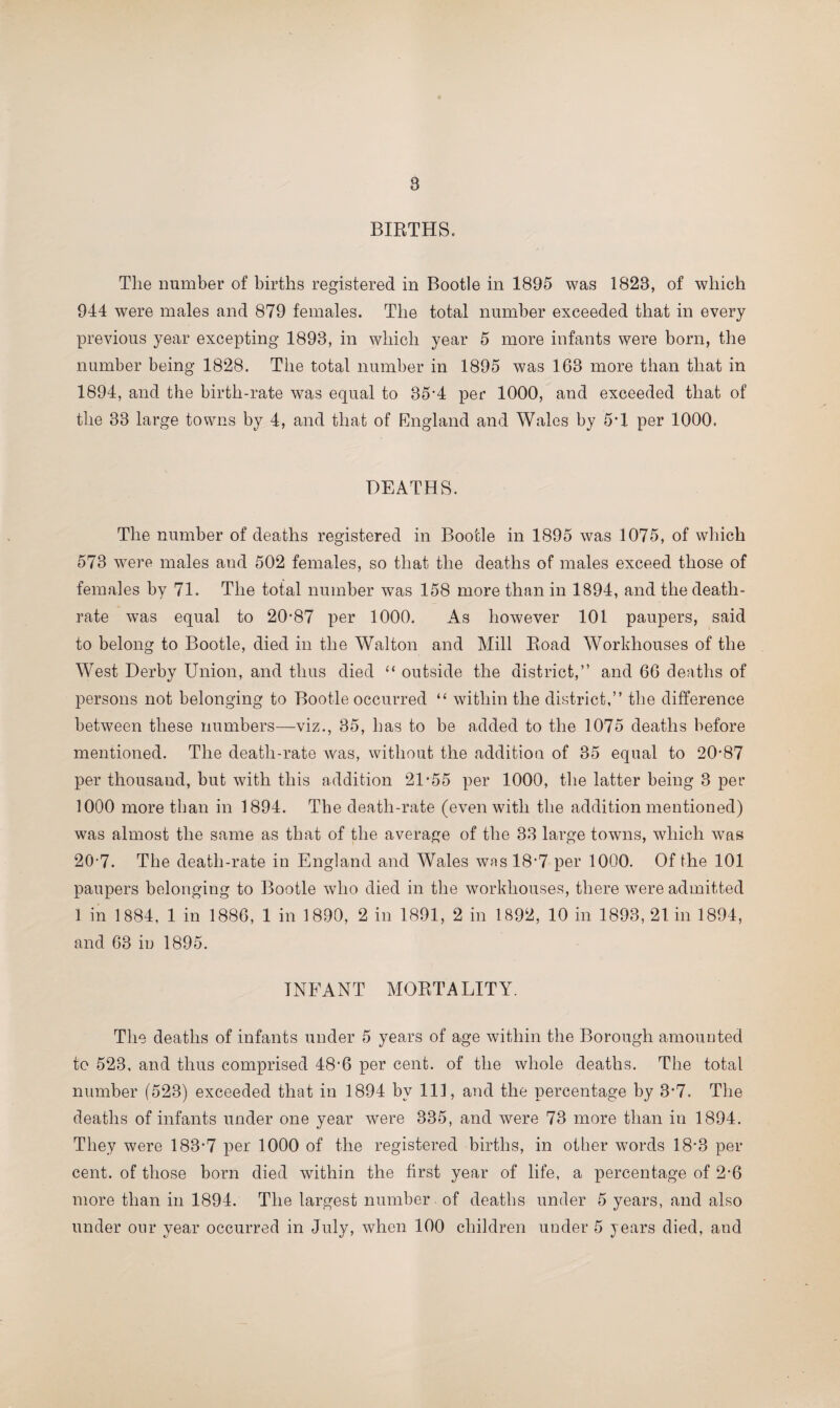 BIRTHS. The number of births registered in Bootle in 1895 was 1823, of which 944 were males and 879 females. The total number exceeded that in every previous year excepting 1893, in which year 5 more infants were born, the number being 1828. The total number in 1895 was 163 more than that in 1894, and the birth-rate was equal to 35’4 per 1000, and exceeded that of the 33 large towns by 4, and that of England and Wales by 5'1 per 1000. DEATHS. The number of deaths registered in Bootle in 1895 was 1075, of which 573 were males and 502 females, so that the deaths of males exceed those of females by 71. The total number was 158 more than in 1894, and the death- rate was equal to 20-87 per 1000. As however 101 paupers, said to belong to Bootle, died in the Walton and Mill Road Workhouses of the West Derby Union, and thus died “ outside the district,” and 66 deaths of persons not belonging to Bootle occurred “ within the district,” the difference between these numbers—viz., 35, has to be added to the 1075 deaths before mentioned. The death-rate was, without the addition of 35 equal to 20-87 per thousaud, but with this addition 21-55 per 1000, the latter being 3 per 1000 more than in 1894. The death-rate (even with the addition mentioned) was almost the same as that of the average of the 33 large towns, which was 20-7. The death-rate in England and Wales was 18-7 per 1000. Of the 101 paupers belonging to Bootle who died in the workhouses, there were admitted 1 in 1884, 1 in 1886, 1 in 1890, 2 in 1891, 2 in 1892, 10 in 1893, 21 in 1894, and 63 in 1895. INFANT MORTALITY. The deaths of infants under 5 years of age within the Borough amounted to 523, and thus comprised 48-6 per cent, of the whole deaths. The total number (523) exceeded that in 1894 by 111, and the percentage by 3*7. The deaths of infants under one year were 335, and were 73 more than in 1894. They were 183-7 per 1000 of the registered births, in other words 18*3 per cent, of those born died within the first year of life, a percentage of 2-6 more than in 1894. The largest number of deaths under 5 years, and also under our year occurred in July, when 100 children under 5 years died, and
