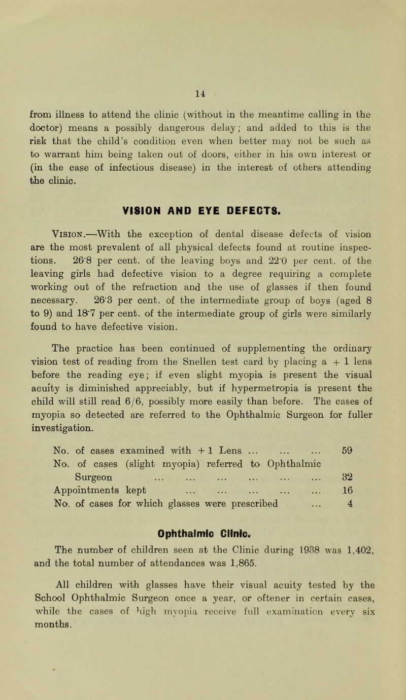 from illness to attend the clinic (without in the meantime calling in the doctor) means a possibly dangerous delay; and added to this is the risk that the child’s condition even when better may not be such as to warrant him being taken out of doors, either in his own interest or (in the case of infectious disease) in the interest of others attending the clinic. VISION AND EYE DEFECTS. Vision.—With the exception of dental disease defects of vision are the most prevalent of all physical defects found at routine inspec- tions. 26'8 per cent, of the leaving boys and 22'0 per cent, of the leaving girls had defective vision to a degree requiring a complete working out of the refraction and the use of glasses if then found necessary. 26'3 per cent, of the intermediate group of boys (aged 8 to 9) and 18'7 per cent, of the intermediate group of girls were similarly found to have defective vision. The practice has been continued of supplementing the ordinary vision test of reading from the Snellen test card by placing a + 1 lens before the reading eye; if even slight myopia is present the visual acuity is diminished appreciably, but if hypermetropia is present the child will still read 6/6, possibly more easily than before. The cases of myopia so detected are referred to the Ophthalmic Surgeon for fuller investigation. No. of cases examined with +1 Lens ... ... ... 59 No. of cases (slight myopia) referred to Ophthalmic Surgeon ... ... ... ... ... ... 32 Appointments kept ... ... ... ... ... 16 No. of cases for which glasses were prescribed ... 4 Ophthalmic Clinic. The number of children seen at the Clinic during 1938 was 1,402, and the total number of attendances was 1,865. All children with glasses have their visual acuity tested by the School Ophthalmic Surgeon once a year, or oftener in certain cases, while the cases of high myopia receive full examination every six months.