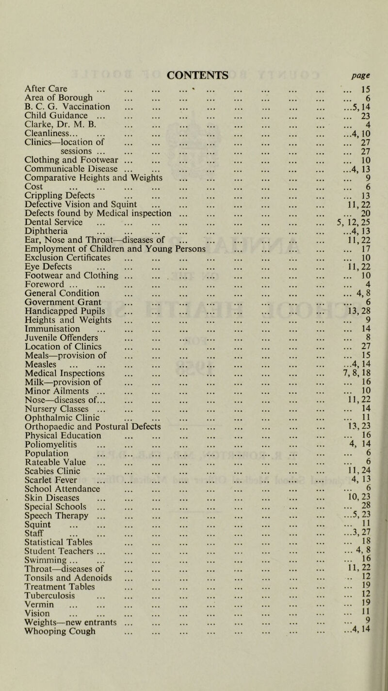 CONTENTS page After Care • Area of Borough B. C. G. Vaccination Child Guidance Clarke, Dr. M. B. Cleanliness Clinics—location of sessions Clothing and Footwear Communicable Disease Comparative Heights and Weights Cost Crippling Defects Defective Vision and Squint Defects found by Medical inspection ... Dental Service Diphtheria Ear, Nose and Throat—diseases of Employment of Children and Young Persons Exclusion Certificates Eye Defects Footwear and Clothing ... Foreword General Condition Government Grant Handicapped Pupils Heights and Weights Immunisation Juvenile Offenders Location of Clinics Meals—provision of Measles Medical Inspections Milk—provision of Minor Ailments Nose—diseases of Nursery Classes Ophthalmic Clinic Orthopaedic and Postural Defects Physical Education Poliomyelitis Population Rateable Value Scabies Clinic Scarlet Fever School Attendance Skin Diseases Special Schools Speech Therapy Squint Staff Statistical Tables Student Teachers Swimming ... Throat—diseases of Tonsils and Adenoids Treatment Tables Tuberculosis Vermin Vision Weights—new entrants Whooping Cough 15 6 ..4, ..4, 5. 11. 12, ■ A, 11. 11, 13, ::!4, 7, 8, ii, ’l3, ■4, n, 4, 10, 4 11, ... 9 ...4,14 \ON)vOts>toa\00 00~J — l>J00U>O\U)Ji.O.O\4^O\U>—•4i.K)O<3\00.t..lyi~J00 4^v0000\004i-OtOO'JNJl*H.nONJl>J(5\V£H*)O-~J^OJi.U>4^