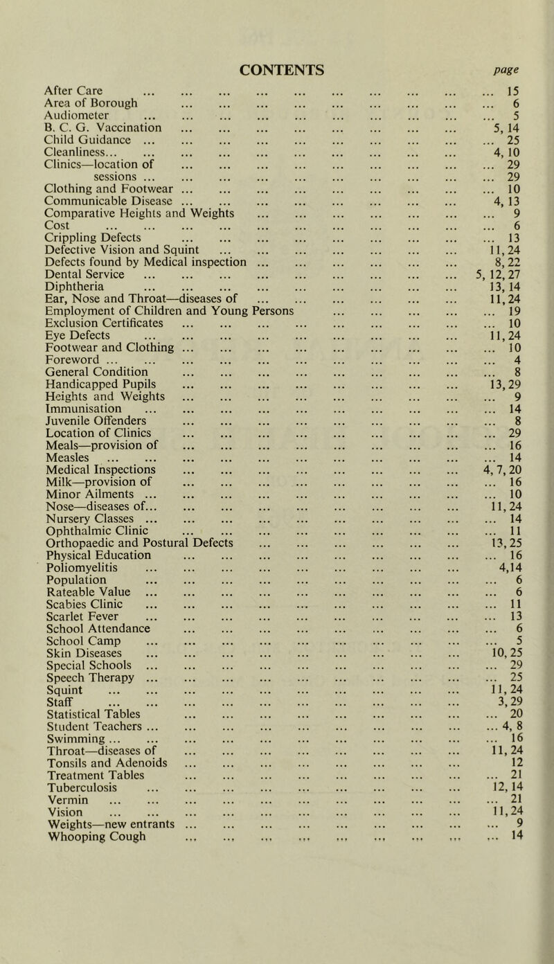 CONTENTS page After Care Area of Borough Audiometer B. C. G. Vaccination Child Guidance Cleanliness... Clinics—location of sessions Clothing and Footwear Communicable Disease Comparative Heights and Weights Cost Crippling Defects Defective Vision and Squint Defects found by Medical inspection Dental Service Diphtheria Ear, Nose and Throat—diseases of Employment of Children and Young Persons Exclusion Certificates Eye Defects Footwear and Clothing Foreword General Condition Handicapped Pupils Heights and Weights Immunisation Juvenile Offenders Location of Clinics Meals—provision of Measles Medical Inspections Milk—provision of Minor Ailments ... Nose—diseases of... Nursery Classes ... Ophthalmic Clinic Orthopaedic and Postural Defects Physical Education Poliomyelitis Population Rateable Value Scabies Clinic Scarlet Fever School Attendance School Camp Skin Diseases Special Schools ... Speech Therapy ... Squint Staff Statistical Tables Student Teachers ... Swimming Throat—diseases of Tonsils and Adenoids Treatment Tables Tuberculosis Vermin Vision Weights—new entrants ... Whooping Cough ... 15 ... 6 ... 5 5, 14 ... 25 4, 10 ... 29 ... 29 ... 10 4, 13 ... 9 ... 6 ... 13 11,24 8,22 5, 12, 27 13, 14 11,24 ... 19 ... 10 11,24 ... 10 ... 4 ... 8 13,29 ... 9 ... 14 ... 8 ... 29 ... 16 ... 14 4, 7, 20 ... 16 ... 10 11.24 ... 14 ... 11 13.25 ... 16 4,14 ... 6 ... 6 ... 11 ... 13 ... 6 ... 5 10, 25 ... 29 ... 25 11,24 3,29 ... 20 ... 4, 8 ... 16 11,24 12 ... 21 12, 14 ... 21 11,24 ... 9 14