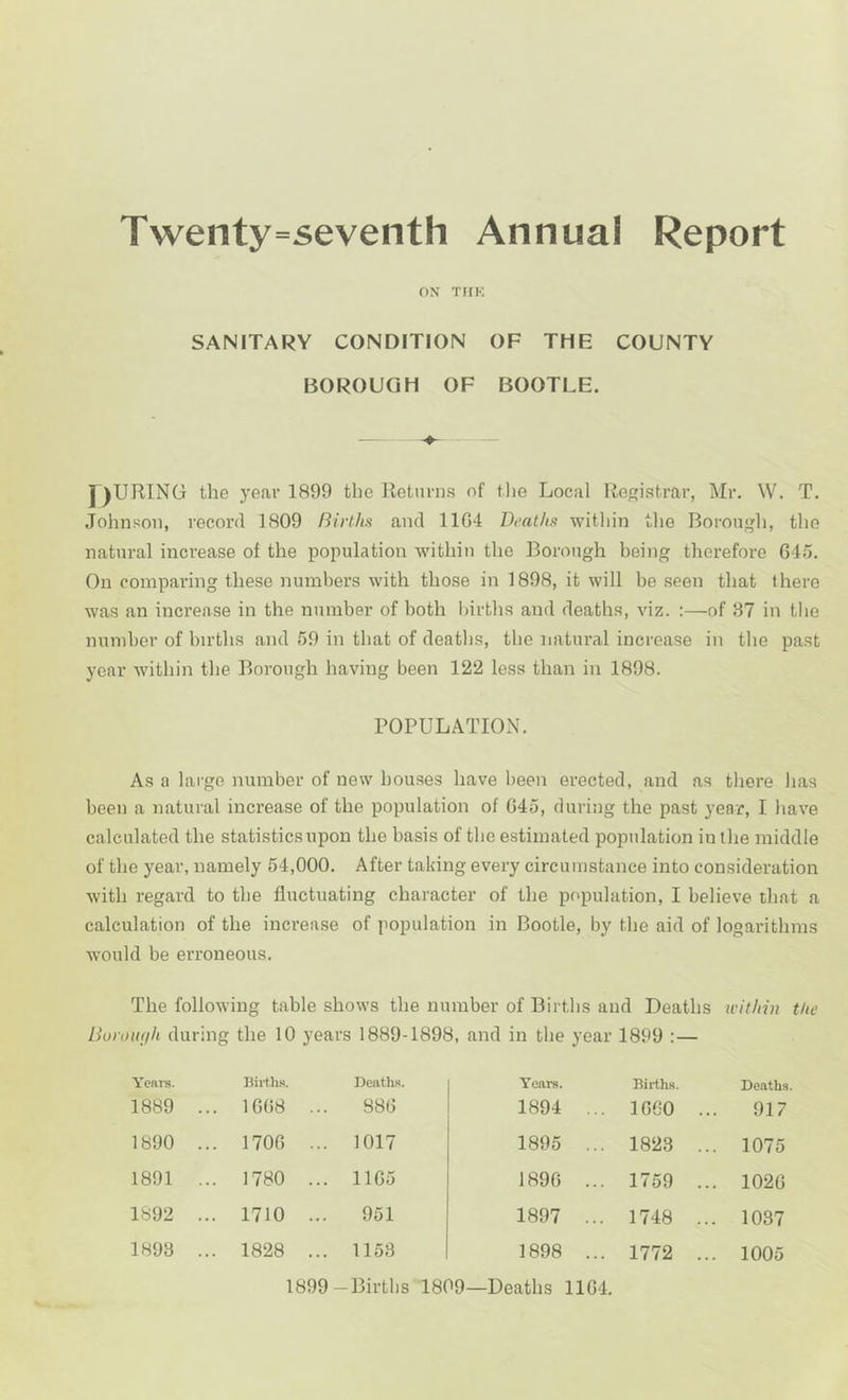 Twenty=seventh Annual Report ON TUK SANITARY CONDITION OF THE COUNTY BOROUGH OF BOOTLE. ] )URING the .year 1899 the Returns of tlie Local Registrar, Mr. W. T. Johnson, record 1809 Births and 11G4 Deaths witliin the Borougli, the natural increase of the population within the Borough being therefore 64o. On comparing these numbers with those in 1898, it will be seen that there was an increase in the number of both births and deaths, viz. :—of 37 in the number of births and 59 in that of deaths, the natural increase in the past year within the Borough having been 122 less than in 1898. POPULATIOxN'. As a large number of new houses have been erected, and as there has been a natural increase of the population of 045, during the past year, I have calculated the statistics upon the basis of the estimated population in the middle of the year, namely 54,000. After taking every circumstance into consideration with regard to the fluctuating character of the population, I believe that a calculation of the increase of population in Bootle, by the aid of logarithms would be erroneous. The following table shows the number of Births and Deaths within the Buroiitfh during the 10 years 1889-1898, and in the year 1899 :— Yeni's. 1889 . Bii+hs. . 1008 .. Deaths. 880 Tears. 1894 . Births. . IGGO . Deaths. 917 1890 . . 1700 .. . 1017 1895 . . 1823 .. . 1075 1891 . . 1780 .. . 1105 1890 . . 1759 .. . 1020 1892 .. . 1710 .. . 951 1897 . . 1748 .. . 1037 1893 .. . 1828 .. . 1153 1898 . . 1772 .. . 1005 1899—Births 1809—Deaths 1104.