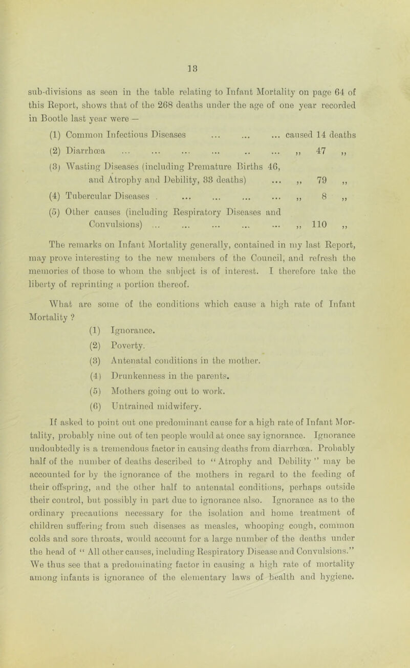 sub-divisions as seen in the table relating to Infant Mortality on page 64 of this Report, shows that of the 268 deaths under the age of one year recorded in Bootle last year were — (1) Common Infectious Diseases ... ... ... caused 14 deaths (2) Diarrhoea ... ... ... ... .. ... ,, 47 ,, (3) Wasting Diseases (including Premature Births 46, and Atrophy and Debility, 33 deaths) ... ,, 79 ,, (4) Tubercular Diseases . ... ... ... ... ,, 8 (6) Other causes (including Respiratory Diseases and Convulsions) ... ... ... ... ... ,, 110 The remarks on Infant Mortality generally, contained in my last Report, may prove interesting to the new members of the Council, and refresh the memories of those to whom the subject is of interest. I therefore take the liberty of reprinting a portion thereof. What are some of the conditions which cause a high rate of Infant Mortality ? (1) Ignorance. (2) Poverty. (3) Antenatal conditions in the mother. (4) Drunkenness in the parents. (5) Mothers going out to work. (6) Untrained midwifery. If asked to point out one predominant cause for a high rate of Infant Mor- tality, probably nine out of ten people would at once say ignorance. Ignorance undoubtedly is a tremendous factor in causing deaths from diarrhoea. Probably half of the number of deaths described to “ Atrophy and Debility ” may he accounted for by the ignorance of the mothers in regard to the feeding of their offspring, and the other half to antenatal conditions, perhaps outside their control, hut possibly in part due to ignorance also. Ignorance as to the ordinary precautions necessary for the isolation and home treatment of children suffering from such diseases as measles, whooping cough, common colds and sore throats, would account for a large number of the deaths under the head of “ All other causes, including Respiratory Disease and Convulsions.” We thus see that a predominating factor in causing a high rate of mortality among infants is ignorance of the elementary laws of health and hygiene.