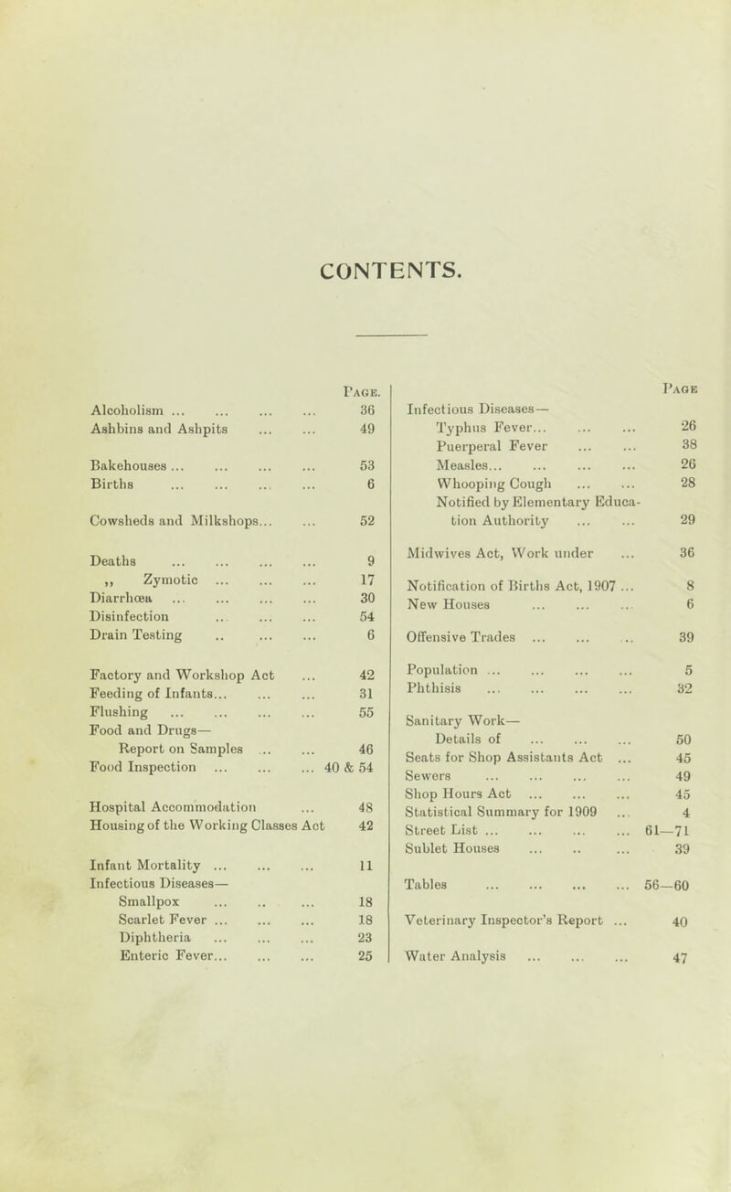 CONTENTS Page. Alcoholism ... ... ... ... 36 Ashbins and Ashpits ... ... 49 Bakehouses... ... ... ... 53 Births ... ... ... ... 6 Cowsheds and Milkshops... ... 52 Deaths ... ... ... ... 9 ,, Zymotic 17 Diarrhoea ... ... ... ... 30 Disinfection ... ... ... 54 Drain Testing .. ... ... 6 Factory and Worksliop Act ... 42 Feeding of Infants... ... ... 31 Flushing ... ... ... ... 55 Food and Drugs— Report on Samples ... ... 46 Food Inspection 40 & 54 Hospital Accommodation ... 48 Housing of the Working Classes Act 42 Infant Mortality ... 11 Infectious Diseases— Smallpox ... 18 Scarlet Fever ... ... ... 18 Diphtheria ... ... ... 23 Enteric Fever 25 Infectious Diseases— Page Typhus Fever... 26 Puerperal Fever 38 Measles... 26 Whooping Cough Notified by Elementary Educa- 28 tion Authority 29 Midwives Act, Work under 36 Notification of Births Act, 1907 ... 8 New Houses 6 Offensive Trades 39 Population ... 5 Phthisis 32 Sanitary Work— Details of ... 50 Seats for Shop Assistants Act ... 45 Sewers ... 49 Shop Hours Act 45 Statistical Summary for 1909 4 Street List 61—71 Sublet Houses 39 Tables 56—60 Veterinary Inspector’s Report ... 40 Water Analysis 47