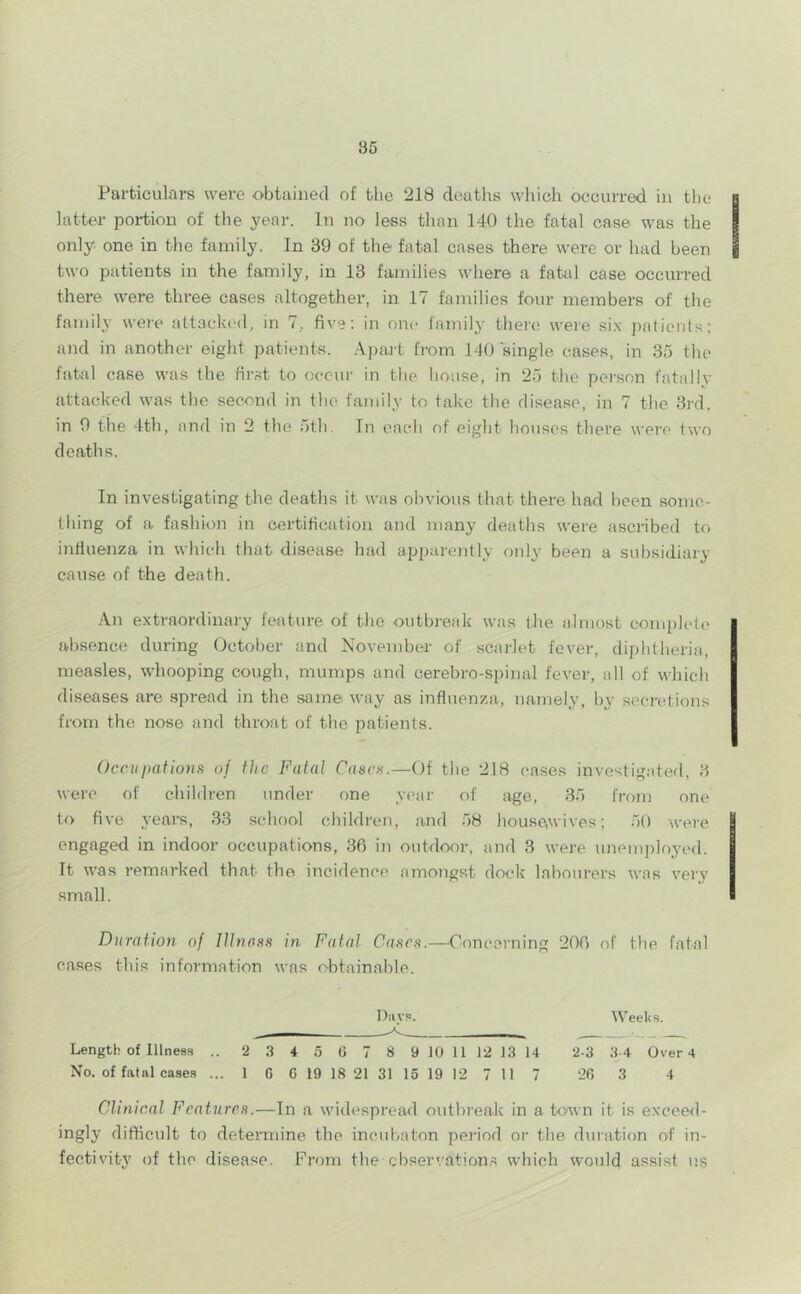 Particulars were obtained of the 218 deaths which occurred in the latter portion of the year. In no less than 140 the fatal case was the only one in the family. In 39 of the fatal cases there were or had been two patients in the family, in 18 families where a fatal case occurred there were three cases altogether, in 17 families four members of the family were attacked, in 7, five; in one family there were six patients; and in another eight patients. Ajuul from 140 single cases, in 35 the fatol case was the first to occiii- in the house, in 25 the person fatally attacked was the second in tlie family to take the disease, in 7 the 3rd. in 0 the 4th, and in 2 the 5th. Tn each of eight houses there were two deaths. In investigating the deaths it was obvious that there had been some- thing of a fashion in certification and many deaths were ascribed to influenza in which that disease had apparently oidy been a subsidiary cause of the death. An extraordinary feature of the outbreak was the almost complete absence during October and November of scarlet fever, diphtheria, measles, whooping cough, mumps and cerebro-spinal fever, all of which diseases are spread in the same way as influenza, namely, by .secretions from the nose and throat of the patients. Occupatiojis of the Fatal Casca.—Of the 218 cases investigated, 3 were of children under one year of age, 35 from one to five years, 33 school children, and 58 housewives; 50 were engaged in indoor occupations, 36 in outdoor, and 3 were unemployed. It was remarked that the incidence amongst dock labourers was very small. Duration of Illnoss in Fatal Cases.—^Concerning 206 of the fatal cases this information was O'btainable. Oiiys. Weeks. Length of Illness .. 2 3 4 5 6 7 8 9 10 11 12 13 14 2-3 3 4 Over 4 No, of fatal cases ... 1 G G 19 18 21 31 15 19 12 7 11 7 26 3 4 Clinical Features.—In a widespread outbreak in a town it is exceed- ingly difficult to determine the ineubaton period or the duration of in- fectivity of the disease. From the observation,s which wotild assist us