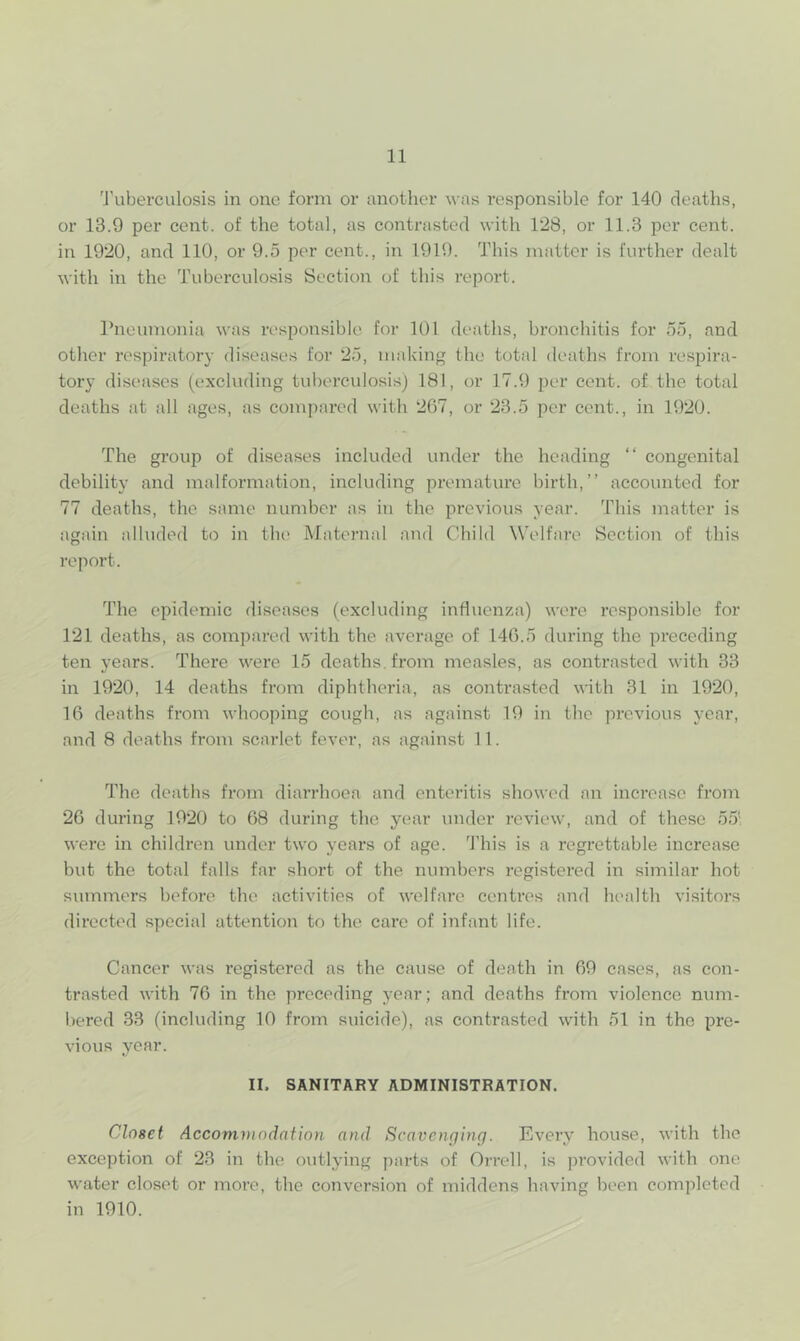 'J’ubereulosis in one forni or another was responsible for 140 deaths, or 13.9 per cent, of the total, as contrasted with 128, or 11.3 per cent, in 1920, and 110, or 9.5 per cent., in 1919. This matter is further dealt with in the Tuberculosis Section of this report. I’neumonia was responsible for 101 deaths, bronchitis for 55, and other respiratory diseases for 25, making the total deaths from resjjira- tory diseases (exchuling tuberculosis) 181, or 17.9 per cent, of the total deaths at all ages, as compared with 2G7, or 23.5 per cent., in 1920. The group of diseases included under the heading “ congenital debility and malformation, including premature birth,” accounted for 77 deaths, the same number as in the previous year. This matter is again alluded to in the Maternal and Child Welfare Section of this report. The epidemic diseases (excluding influenza) were responsible for 121 deaths, as compared with the average of 140.5 during the preceding ten years. There were 15 deaths, from measles, as contrasted with 33 in 1920, 14 deaths from diphtheria, as contrasted with 31 in 1920, 16 deaths from whooping cough, as against 19 in the previous year, and 8 deaths from scarlet fever, as against 11. The deaths from diarrhoea and enteritis showed an increase from 20 during 1920 to 08 during the j'^ear under review, and of these 55' were in children under two years of age. 4’his is a regrettable increase but the total falls far short of the numbers registered in similar hot summers before the activities of welfare centres and health visitors directed special attention to the care of infant life. Cancer was registered as the cause of death in 09 cases, as con- trasted with 76 in the preceding year; and deaths from violence num- bered 33 (including 10 from suicide), as contrasted with 51 in the pre- vious year. II. SANITARY ADMINISTRATION. Closet Accommodation and Scavenging. Evei’V house, with the exception of 23 in the outlying parts of Orrell, is ])rovided with one water closet or more, the conversion of middens having been completed in 1910.