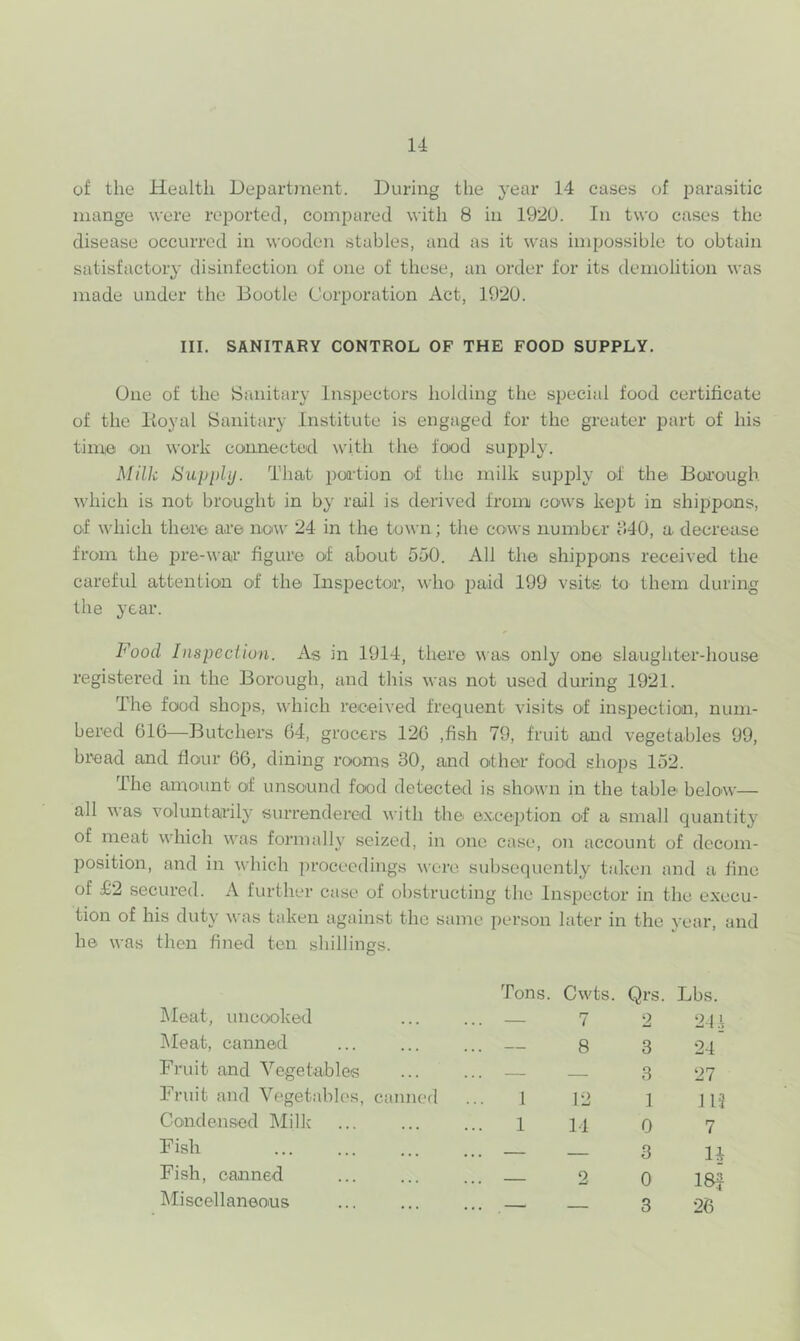 of the Healtli Department. During the year 14 cases of parasitic mange were reported, compared with 8 in 1920. In two cases the disease occurred in wooden stables, and as it was impossible to obtain satisfactory disinfection of one of these, an order for its demolition was made under the Bootle Corporation Act, 1920. III. SANITARY CONTROL OF THE FOOD SUPPLY. One of the Sanitary Inspectors holding the special food certificate of the Koyal Sanitary Institute is engaged for the greater part of his time on work connected with the food supjjly. Milk Supplij. That poa-tion ol the milk supply of the Boi'ough wiiich is not brought in by rail is derived from cows ke^jt in shifipons, of which 411010 are now 24 in the tu\\'n; the cows number o40, a decrease from the prewi'ar figure of about 550. All the shippons received the careful attention of the Inspectoa', who jiaid 199 vsits to them during the year. l^ood Inspection. As m 1914, there was only one slaughter-house registered in the Borough, and this was not used during 1921. The food shops, which received frequent visits of inspection, num- bered 616—Butchers 64, grocers 126 ,fish 79, fruit and vegetables 99, bread and flciur 66, dining rooms 30, and other food shops 152. The amo'Unt of unsound food detected is shown in the table' below— all was voluntarily surrendered \\'ith the exception O'f a small quantity of meat which was formally seized, in one case, on account of decom- position, and in which jnoceedings were, subsequently taken and a fine of £2 secured. A further case of obstructing the Inspector in the execu- tion of his duty was taken against the same person later in the year, and he was then fined ten shillings. Tons. Cwts. Qrs. Lbs. JNIeat, uncooked , . ^ 7 2 2U I\Ieat, canned . . . 8 3 24 Fruit and Vegetables . . . 3 27 Fruit and Vegetables, canned 1 12 1 .113 Condensed Milk 1 14 0 7 Fish . . . 3 U Fish, canned . , . 2 0 183 Miscellaneons . . . 3 26