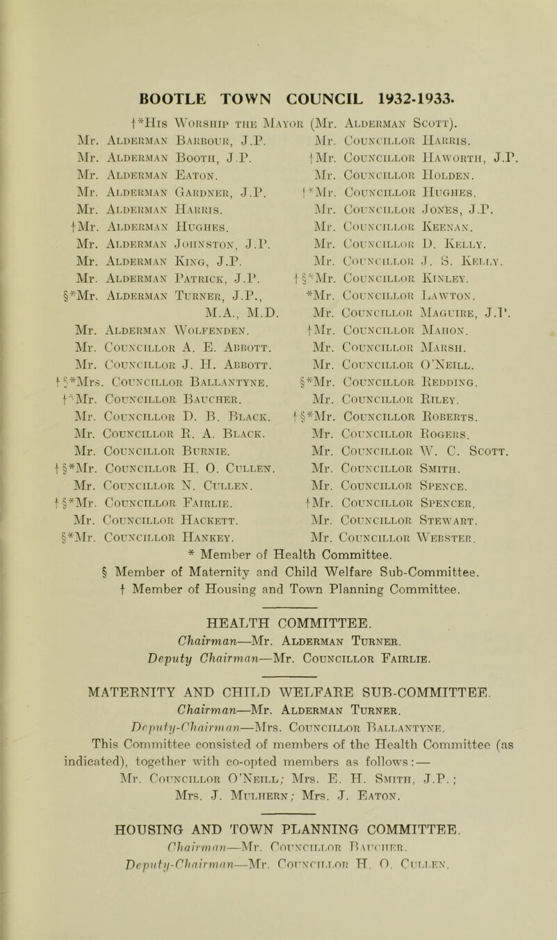 BOOTLE TOWN COUNCIL 1932-1933 ]\Ir. Alokuman j\Ir. Aldehman !\fr. Alderman Mr. Ar^DEKMAN Mr. ALDER]\fA\ fMr. Al.DElfMAN Air. Alderman ]\Ir. Alderman Worship the Mayor Barrour, J.P. Booth, J.P. Eaton. Gardner, J.P. | Harris. Hughes. Johnston, J.P. King, J.P. (Air. Alderman Scott). Air. Councillor Harris. !Alr. Councillor Haworth, J.P. Air. Councillor Holden. ^Alr. Councillor Hughes. Air. Councillor Jones, J.P. Air. Councillor Keenan. Air. Councillor IJ. Kelly. Air. Councillor J. S. Kelly. Air. Alderman Patrick, J.P. §*AIr. Alderman Turner, J.P., AI.A., AI.D. Air. Alderman Wolfenden. Air. Councillor A. E. Abrott. Air. Councillor J. H. Abbott. t5*AIrs. Councillor Ballantyne. t'AIr. Councillor Baucher. Air. Councillor D. B. Black. Air. Councillor E. A. Black. Air. Councillor Burnie. f§*AIr. Councillor H. 0. Cullen. Air. Councillor N. Cullen. f§^AIr. Councillor Fairlie. t§^AIr. Councillor Kinley. *AIr. Councillor Lawton. Air. Councillor AIaguire, J.P. I Air. Councillor AIahon. Air. Councillor AIarsh. Air. Councillor O’Neill. §*Alr. Councillor Bedding. Air. Councillor Eiley. t§*AIr. Councillor Eoberts. Air. Councillor Eogers. Mr. Councillor W. C. Scott. Air. Councillor Smith. Air. Councillor Spence. tAIr. Councillor Spencer. Air. Councillor Stewart. Air. Councillor Webster. Air. Councillor Hackett. §*AIr. Councillor Hankey. * Member of Health Committee. § Member of Maternity and Child Welfare Sub-Committee, f Alember of Housing and Town Planning Committee. HEALTH COMMITTEE. Chairman—Air. Alderman Turner. Deputy Chairman—Air. Councillor Fairlie. MATEENITY AND CHILD AVELFAEE SUB-COMMITTEE. Chairman—Air. Alderman Turner. Deputy-Chairman—Airs. Councillor Bali.antyne. This Committee consisted of members of the Health Committee (as indicated), together with co-opted members as follows: — Air. CoT'NCiLLOR O’Neill; Mrs. E. H. Smith, J.P. ; Airs. J. AIulhern; Airs. J. Eaton. HOUSING AND TOWN PLANNING COMMITTEE. Chairman—Air. Cot’NCH.lor Bm’cher. Deputy-Chairman—Air. Cot’NCH.lor H. O, Cui.i.en.