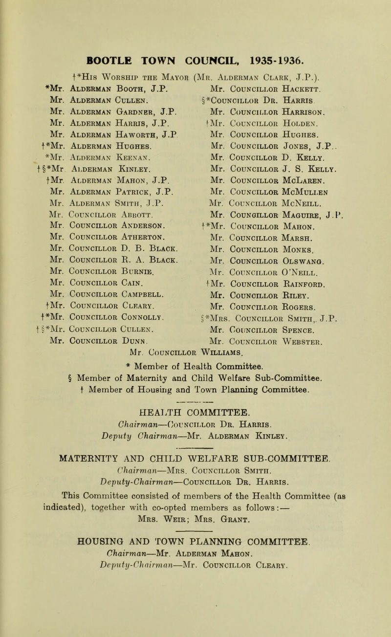 BOOTLE TOWN COUNCIL, 1935-1936. f^His Worship the Mayor *Mr. Alderman Booth, J.P. Mr. Alderman Cullen. Mr. Alderman Gardner, J.P. Mr. Alderman Marius, J.P. Mr. Alderman Haworth, J.P t*Mr. Alderman Hughes. *Mr. Alderman Keenan. f§*Mr Ai.derman Kinley. fMr, Ai-derman Mahon, J.P. Mr. Alderman Patrick, J.P. Mr. Alderman Smith, J.P. Mr. Councillor Abbott. Mr. Councillor Anderson. Mr. Councillor Atherton. Mr. Councillor D. B. Black. Mr. Councillor E. A. Black. Mr. Councillor Burnie. Mr. Councillor Cain. Mr. Councillor Campbell. fMr. Councillor Cleary. t*Mr. Councillor Connolly. i§*Mr. Councillor Cullen. Mr. Councillor Dunn. Mr, COUNCILLC (Mr. Alderman Clark, J.P.). Mr. Councillor Hackett. §*Councillor Dr. Harris Mr. Councillor Harrison. fMr. Councillor Holden. Mr. Councillor Hughes. Mr. Councillor Jones, J.P.. Mr. Councillor D. Kelly. Mr. Councillor J. S. Kelly. Mr. Councillor McLaren. Mr. Councillor McMuli,en Air. Councillor McNeill. Mr. Councillor Maguire, J.P. |*Mr. Councillor Mahon. Mr. Councillor Marsh. Mr. Councillor Monks. Mr. Councillor Olswang. Mr. Councillor O’Neill. I Mr. Councillor Eainford. Mr. Councillor Eiley. Mr. CouNCiLi.oR Eogers. §*AIrs. Councillor Smith,. J.P. Mr. Councillor Spence. Mr. Councillor Webster. R Williams. * Member of Health Committee. § Member of Maternity and Child Welfare Sub-Committee, t Member of Housing and Town Planning Committee. HEAl/J’H COMMITTEE. Chairman—Councillor Dr. Harris. Deptity Chairman—^Mr. Alderman Kinley. MATEENITY AND CHILD WELEAEE SUB-COMMITTEE. Chairman—Mrs, Councillor Smith. Deputy-Chairman—Councillor Dr. Harris. This Committee consisted of members of the Health Committee (as indicated), together with co-opted members as follows: — Mrs. Weir; Mrs. Grant. HOUSING AND TOWN PLANNING COMMITTEE. Chairman—Mr. Alderman Mahon. Deputy-Chairman—Mr. Councillor Cleary.