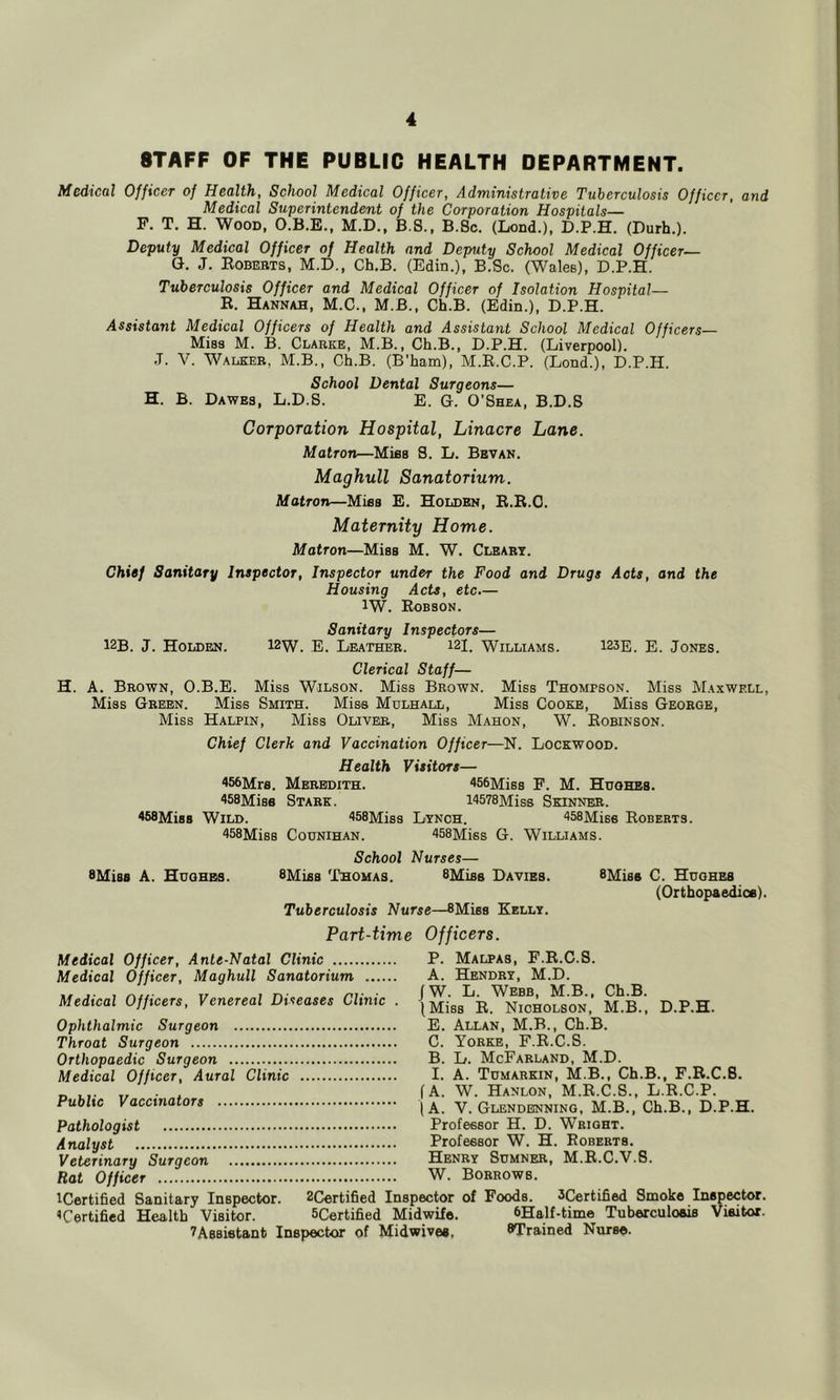 STAFF OF THE PUBLIC HEALTH DEPARTMENT. Medical Officer of Health, School Medical Officer, Administrative Tuberculosis Officer, and Medical Superintendent of the Corporation Hospitals— P. T. H. Wood, O.B.E., M.D., B.S., B.8c. (Lond.), D.P.H. (Durh.). Deputy Medical Officer of Health and Deputy School Medical Officer— Q. J. Eobebts, M.D., Ch.B. (Edin.), B.So. (Wales), D.P.H. Tuberculosis Officer and Medical Officer of Isolation Hospital— R. Hannah, M.C., M.B., Ch.B. (Edin.), D.P.H. Assistant Medical Officers of Health and Assistant School Medical Officers— Miss M. B. Clabke, M.B., Ch.B., D.P.H. (Liverpool). J. V. Walker, M.B., Ch.B. (B’ham), M.R.C.P. (Lond.), D.P.H. School Dental Surgeons— H. B. Dawes, L.D.S. E. G. O’Shea, B.D.S Corporation Hospital, Linacre Lane. Matron—MIbb S. L. Bbvan. Maghull Sanatorium. Matron—Mies E. Holden, B.B.C. Maternity Home. Matron—Miss M. W. Cleaby. Chief Sanitary Inspector, Inspector under the Food and Drugs Acts, and the Housing Acts, etc.— IW. Eobson. Sanitary Inspectors— 12B. J. Holden. 12W. E. Leather. i2I. Williams. 123E. E. Jones. Clerical Staff— H. a. Brown, O.B.E. Miss Wilson. Miss Brown. Miss Thompson. Miss Maxwell, Miss Green. Miss Smith. Miss Mulhall, Miss Cooke, Miss George, Miss Halpin, Miss Oliver, Miss Mahon, W. Robinson. Chief Clerk and Vaccination Officer—N. Lockwood. Health Visitors— 456Mr8. Meredith. 456Miss F. M. Hughes. 458Mi86 Stark. i4578Miss Skinner. 468Mi88 Wild. 458Miss Lynch. 458Mise Roberts. 458Mis8 CouNiHAN. 458Miss G. Williams. School Nurses— SMiss A. Hughes. 8Miss Thomas. 8Miss Davies. Tuberculosis Nurse—BMies Kelly. 8Mis6 C. Hughes (OrthopAedioe). Part-time Medical Officer, Ante-Natal Clinic Medical Officer, Maghull Sanatorium Medical Officers, Venereal Diseases Clinic . Ophthalmic Surgeon Throat Surgeon Orthopaedic Surgeon Medical Officer, Aural Clinic Public Vaccinators Pathologist Analyst Veterinary Surgeon Officers. P. Malpas, F.R.C.S. A. Hendry, M.D. /W. L. Webb, M.B., Ch.B. (Miss R. Nicholson, M.B., D.P.H. E. Allan, M.B., Ch.B. C. Yorke, F.R.C.S. B. L. McFarland, M.D. I. A. Tumarkin, M.B., Ch.B., F.R.C.S. (A. W. Hanlon, M.R.C.S., L.R.C.P. (A. V. Glendbnning, M.B., Ch.B., D.P.H. Professor H. D. Wright. Professor W. H. Roberts. Henry Sumner, M.R.C.V.S. W. Borrows. Rat Officer ICertiSed Sanitary Inspector. SCertified Inspector of Foods. 3Certified Smoke Inspector. ’Certified Health Visitor. SCertified Midwife. 6Half-time Tuberculoais Viaitor. ■fAsBietant Inspector of Midwives, ^Trained Nurse.