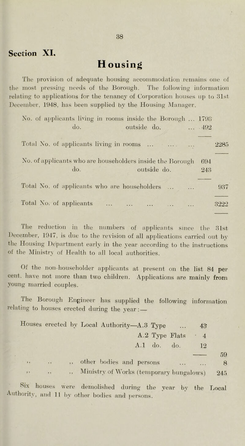 Section XI, H ousing Tilt' provision of adequate housing aceouiinodatiou reuiains one of tlie most pressing needs of the Borough. 'I’he following infoi'ination relating to api^lications for the tenancy of C!oi])oration houses up to 31st December, 1948, has been supplied by the Housing Manager. No. of ai)plicants living in rooms inside fhe Borough ... 1793' do. outside do. ... 492 Total Xo. of applicants living in rooms ... ... ... 2287) Xo. of applicants who ai’e householders inside the Borough 094 do. outside do. 243 Total Xo. of ajjplicants who are householders ... ... 937 Total X'o. of api')licants ... ... ... .. ... 3222 The reduction in the numbers of aj^plicants since the 31st December, 1947. is due to the revision of all applications carried out by the Hovising Department early in the year according to the insti'uctions of the Ministrv of Health to all local authorities. Of the non-householder ap])licants at present on the list 84 per cent, have not more than two children. Applications are mainly from young married couples. The Borough Engineer has supplied the relating to houses erected during the year: — following information Houses erected by Local Authority—A.3 Type ... 43 A.2 Type Flats - 4 A.l do. do. 12 M •- ,, otliei l)odies and persons >• >• ■. Ministry of WMrks (temjioi'ary hungfdows) 59 8 245 8i.\ houses were demolished during the year bv the Authority, and 1 I b\' othor bodies and persons. Local