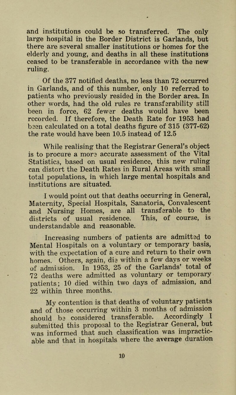 and institutions could be so transferred. The only large hospital in the Border District is Garlands, but there are several smaller institutions or homes for the elderly and young, and deaths in all these institutions ceased to be transferable in accordance with the new ruling. Of the 377 notified deaths, no less than 72 occurred in Garlands, and of this number, only 10 referred to patients who previously resided in the Border area. In other words, had the old rules re transferability still been in force, 62 fewer deaths would have been recorded. If therefore, the Death Rate for 1953 had been calculated on a total deaths figure of 315 (377-62) the rate would have been 10.5 instead of 12.5 While realising that the Registrar General’s object is to procure a more accurate assessment of the Vital Statistics, based on usual residence, this new ruling can distort the Death Rates in Rural Areas with small total populations, in which large mental hospitals and institutions are situated. I would point out that deaths occurring in General, Maternity, Special Hospitals, Sanatoria, Convalescent and Nursing Homes, are all transferable to the districts of usual residence. This, of course, is understandable and reasonable. Increasing numbers of patients are admitted to Mental Hospitals on a voluntary or temporary basis, with the expectation of a cure and return to their own homes. Others, again, die within a few days or weeks of admission. In 1953, 25 of the Garlands’ total of 72 deaths were admitted as voluntary or temporary patients; 10 died within two days of admission, and 22 within three months. My contention is that deaths of voluntary patients and of those occurring within 3 months of admission should be considered transferable. Accordingly I submitted this proposal to the Registrar General, but was informed that such classification was impractic- able and that in hospitals where the average duration