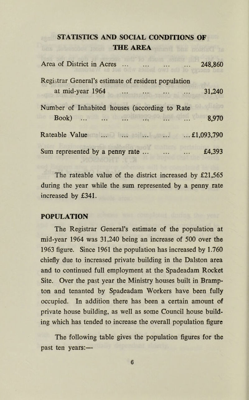 STATISTICS AND SOCIAL CONDITIONS OF THE AREA Area of District in Acres 248,860 Registrar General’s estimate of resident population at mid-year 1964 31,240 Number of Inhabited houses (according to Rate Book) , 8,970 Rateable Value £1,093,790 Sum represented by a penny rate £4,393 The rateable value of the district increased by £21,565 during the year while the sum represented by a penny rate increased by £341. POPULATION The Registrar General’s estimate of the population at mid-year 1964 was 31,240 being an increase of 500 over the 1963 figure. Since 1961 the population has increased by 1.760 chiefly due to increased private building in the Dalston area and to continued full employment at the Spadeadam Rocket Site. Over the past year the Ministry houses built in Bramp- ton and tenanted by Spadeadam Workers have been fully occupied. In addition there has been a certain amount of private house building, as well as some Council house build- ing which has tended to increase the overall population figure The following table gives the population figures for the past ten years:—