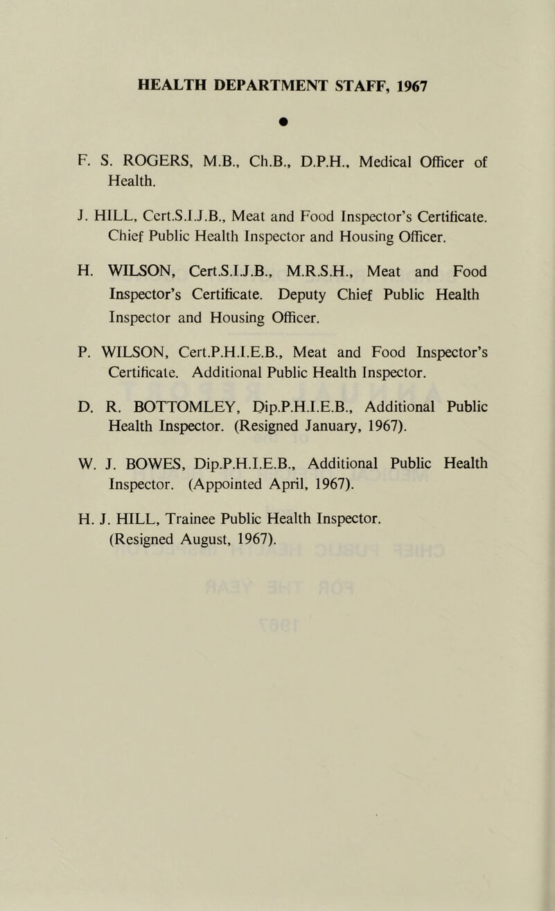 HEALTH DEPARTMENT STAFF, 1967 F. S. ROGERS, M.B., Ch.B., D.P.H., Medical Officer of Health. J. HILL, Ccrt.S.l.J.B., Meat and Food Inspector’s Certificate. Chief Public Health Inspector and Housing Officer. H. WILSON, Cert.S.I.J.B., M.R.S.H., Meat and Food Inspector’s Certificate. Deputy Chief Public Health Inspector and Housing Officer. P. WILSON, Cert.P.H.I.E.B., Meat and Food Inspector’s Certificate. Additional Public Health Inspector. D. R. BOTTOMLEY, Dip.P.H.I.E.B., Additional Public Health Inspector. (Resigned January, 1967). W. J. BOWES, Dip.P.H.I.E.B., Additional Public Health Inspector. (Appointed April, 1967). H. J. HILL, Trainee Public Health Inspector. (Resigned August, 1967).