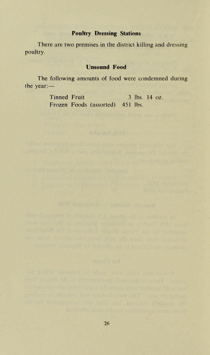 Poultry Dressing Stations There are two premises in the district killing and dressing poultry. Unsound Food The following amounts of food were condemned during the year;— Tinned Fruit 3 lbs. 14 oz. Frozen Foods (assorted) 451 lbs.