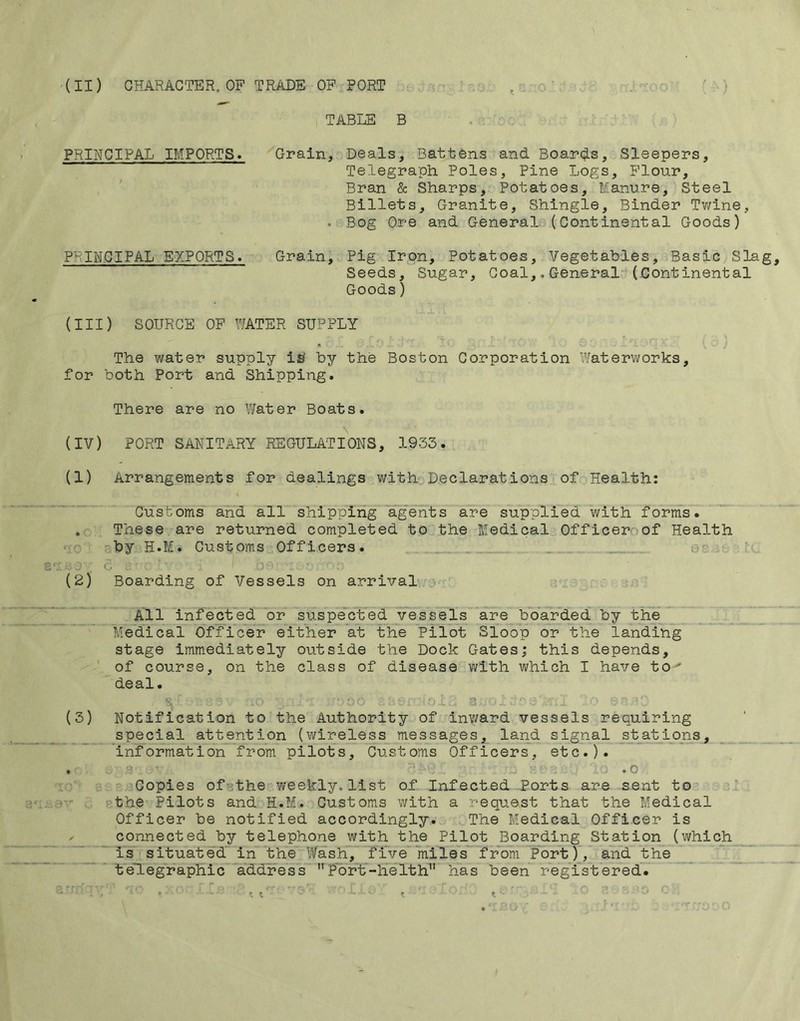 ‘(II) CHARACTER. OF TRADE OP PORT TABEE B . • PRINCIPAL IMPORTS* Grain, Deals, Battens and Boarc^s, Sleepers, Telegraph Poles, Pine Logs, Flour, Bran & Sharps, Potatoes, Manure, Steel Billets, Granite, Shingle, Binder Tv/ine, . Bog Ore and GeneraL. (Continental Goods) PRINCIPAL EXPORTS. Grain, Pig Iron, Potatoes, Vegetables,iBasic Slag Seeds, Sugar, Goal,, General- (Continental Goods) (III) SOURCE OF WATER SUPPLY » ’ ) The water supply iif by the Boston Corporation Waterworks, for both Port and Shipping. There are no Water Boats. (IV) PORT SANITARY REGULATIONS, 1933. (1) Arrangements for dealings Vi/ith Declarations of Health: Customs and all shipping'agents are supplied with forms. , These are returned completed to the Medical Officer of Health ••by H.M. Customs Officers. _ i, .c:? ' C I . (2) Boarding of Vessels on arrival All infected of suspecfed vessels 'are bb'a'fded by the ' Medical Officer either at the Pilot Sloop or the landing stage immediately outside the Dock Gates; this depends, of course, on the class of disease with which I have to ' deal. ^ - ‘Ot j - - - • (3) Notification to the Authority of inward vessels requiring special at-t^ntion (wireless messages, land signal st_ations, information from pilots. Customs Officers, etc.). PI . . o Copies of-'the weekly, list of Infected Ports are sent to jI the Pilots and H.M. Customs with a request that the Medical Officer be notified accordingly. The Medical Officer is connected by telephone with the Pilot Boarding Station (whicji _ is situated” in the Wash, five mile's from Port), and the 7 ' _ teUegfaphic address Poft’-helth has been registered.