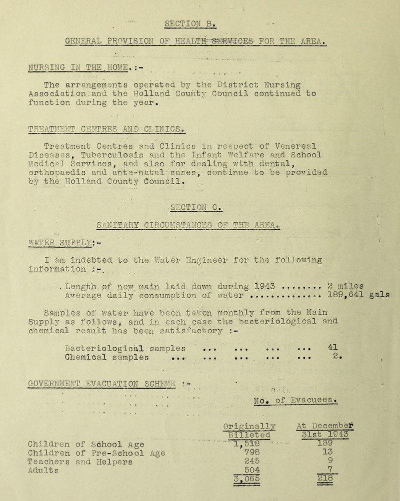 GENERAL PROVISION OF HEALTH-SER:VTOES- FOR THE AREA. NURSING IN THE.HOME. The arrangements operated by the District Nursing Association.and the Holland County Council continued to function during the year. TREATMENT CENTRES AND CLINICS. Treatment Centres and Clinics in revspect of Venereal Diseases, Tuberculosis and the Infant Welfare and School Medical Services, and also for dealing with dental, orthopaedic and ante-natal cases, continue to be provided by the Holland County Council. SECTION C. SANITARY CIRCUMSTANCES OF THE AREA. WATER SUPPLY;> I am indebted to the Water Engineer for the following information jr. . Length,, of new^ main laid down during 1943 2 miles Average daily consumption of water 189,641 gals Samples of water have been taken monthly from the Main Supply as follows, and in each case the bacteriological and chemical result has been satisfactory Bacteriological samples ... ... ••• 41 Chemical samples •.. ... •#. ... 2. GOVERNMENT EVACUATION SCHEME ' * No# of Evacuees. Children of School Age Children of Pre-School Age Teachers and Helpers Adults Originally Billeted 1,518 • 798 245 504 5,065 At December 31st 1943 189 13 9 7 218