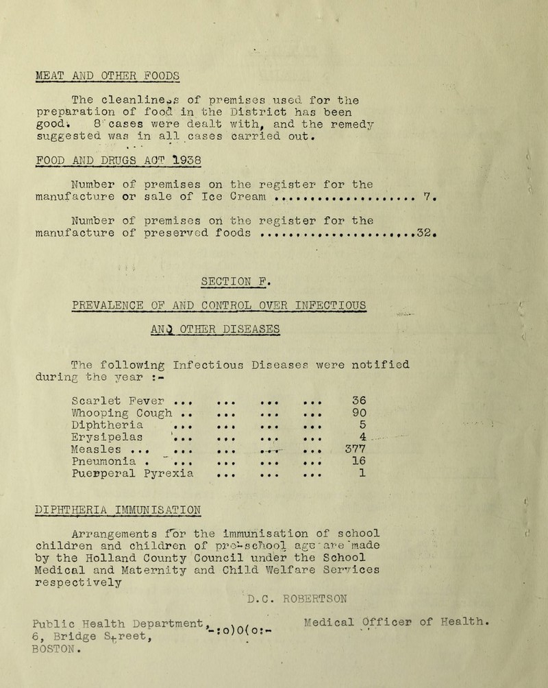 MEAT AND OTHER POODS The cleanlinepe of premises used for the preparation of food in the District has been good; 8'cases were dealt with, and the remedy suggested was in all cases carried out. FOOD AND DRUGS AOT 1958 Number of premises on the register for the manufacture or sale of Ice Cream 7, Number of premises oh the register for the manufacture of preserved foods SECTION F. PREVALENCE OF AND CONTROL OVER INFECTIOUS ANC>. OTHER DISEASES The following Infectious Diseases were notified during the year •- Scarlet Fever ..» Whooping Cough .• Diphtheria ., • Erysipelas .. Measles ... •.. Pneumonia . “ . Puerperal Pyrexia 36 90 5 4. 377 16 1 DIPHTHERIA IMMUNISATION Arrangements for the immunisation of school children and children of pro’-scPiool age'are'made by the Holland County Council under the School Medical and Maternity and Child Welfare Ser''?ices ' ' respectively D.C. ROBERTSON Public Health Department, . Medical Officer of Health 6, Bridge S^.reet, -.o; \Oo- BOSTON.