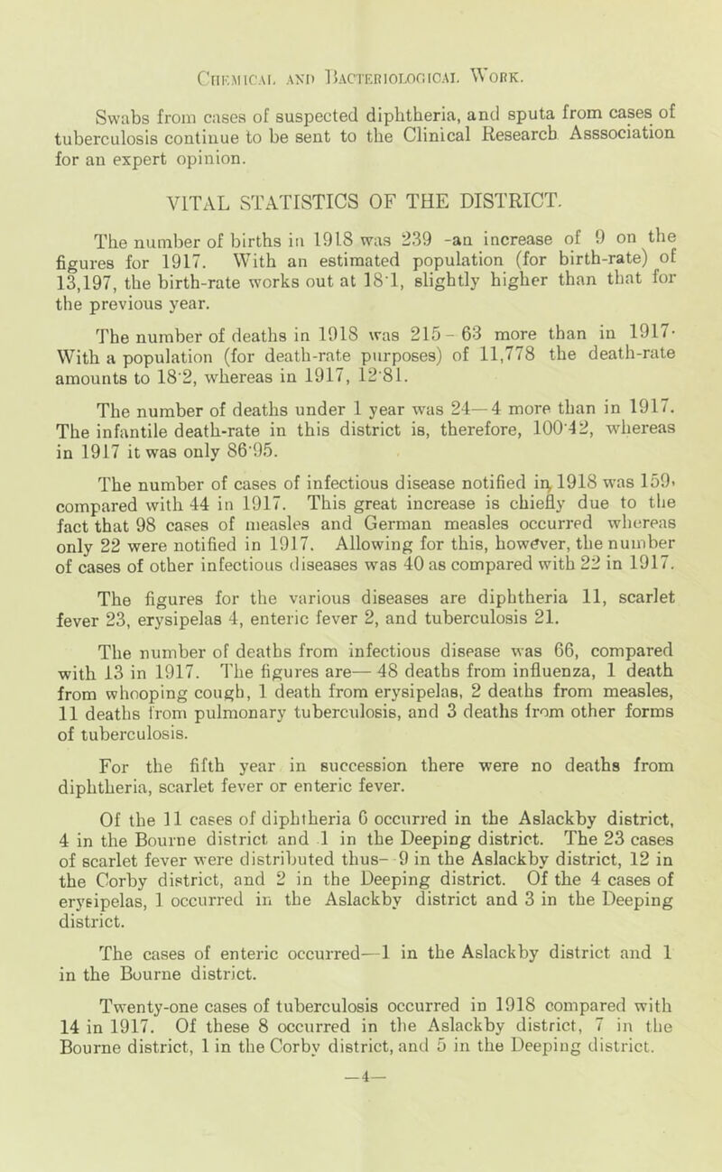 ClIK-MlC-.U, AND IjACTERlOLOniCAI, WoRK. Swabs from cases of suspected diphtheria, and sputa from cases of tuberculosis continue to be sent to the Clinical Research Asssociation for an expert opinion. VITAL STATISTICS OF THE DISTRICT. The number of births in 1918 was 239 -an increase of 9 on the figures for 1917. With an estimated population (for birth-rate) of 13,197, the birth-rate works out at 181, slightly higher than that for the previous year. The number of deaths in 1918 was 215-63 more than in 1917- With a population (for death-rate purposes) of 11,778 the death-rate amounts to 18‘2, whereas in 1917, 12‘81. The number of deaths under 1 year was 24—4 more than in 1917. The infantile death-rate in this district is, therefore, 100'42, whereas in 1917 it was only 86’95. The number of cases of infectious disease notified ii^ 1918 was 159* compared with 44 in 1917. This great increase is chiefly due to the fact that 98 cases of measles and German measles occurred whereas only 22 were notified in 1917. Allowing for this, however, the number of cases of other infectious diseases was 40 as compared with 22 in 1917. The figures for the various diseases are diphtheria 11, scarlet fever 23, erysipelas 4, enteric fever 2, and tuberculosis 21. The number of deaths from infectious disease was 66, compared with 13 in 1917. The figures are— 48 deaths from influenza, 1 death from whooping cough, 1 death from erysipelas, 2 deaths from measles, 11 deaths from pulmonary tuberculosis, and 3 deaths from other forms of tuberculosis. For the fifth year in succession there were no deaths from diphtheria, scarlet fever or enteric fever. Of the 11 cases of diphtheria 6 occurred in the Aslackby district, 4 in the Bourne district and 1 in the Deeping district. The 23 cases of scarlet fever were distributed thus- 9 in the Aslackby district, 12 in the Corby district, and 2 in the Deeping district. Of the 4 cases of erysipelas, 1 occurred in the Aslackby district and 3 in the Deeping district. The cases of enteric occurred—1 in the Aslackby district and 1 in the Bourne district. Twenty-one cases of tuberculosis occurred in 1918 compared with 14 in 1917. Of these 8 occurred in the Aslackby district, 7 in tlie Bourne district, 1 in the Corby district, and 5 in the Deeping district. —4—